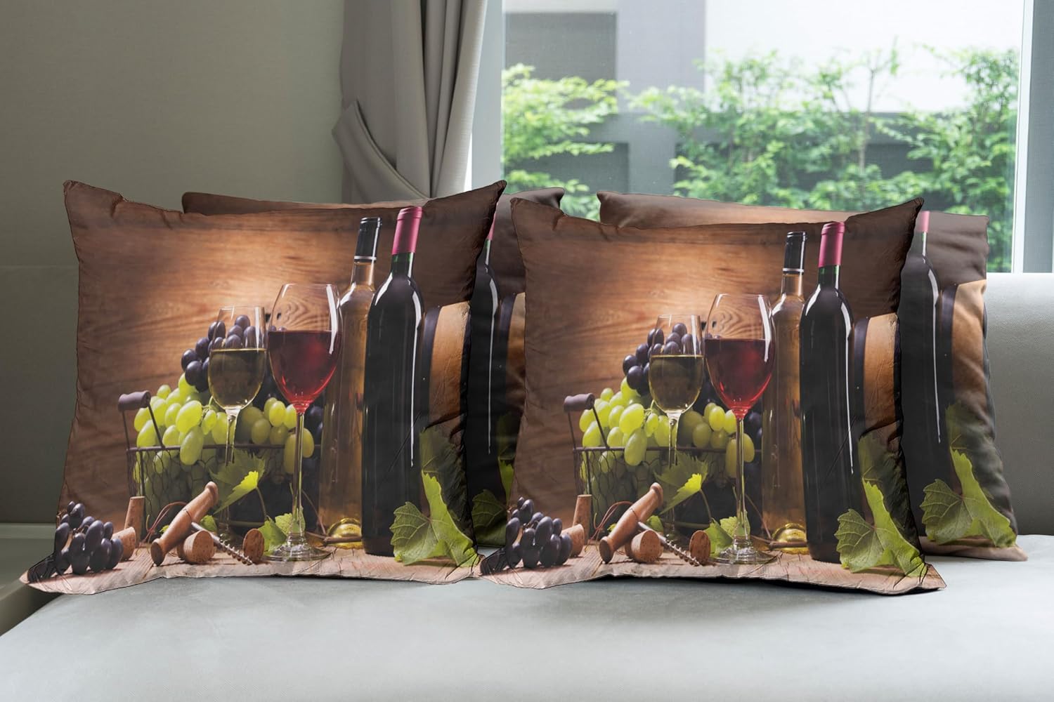 Ambesonne Wine Throw Pillow Cushion Case Pack of 4, Glasses of Red and White Drink Served Grapes French Gourmet Tasting, Modern Accent Double-Sided Digital Printing, 18", Brown Ruby