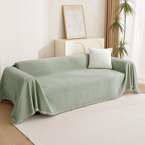 Miniatura 8 de MYSKY HOME - Fundas de sofá de felpilla verde salvia con borlas en el borde, modular, en forma de L para sofá de 3 plazas, lavables, gruesas y