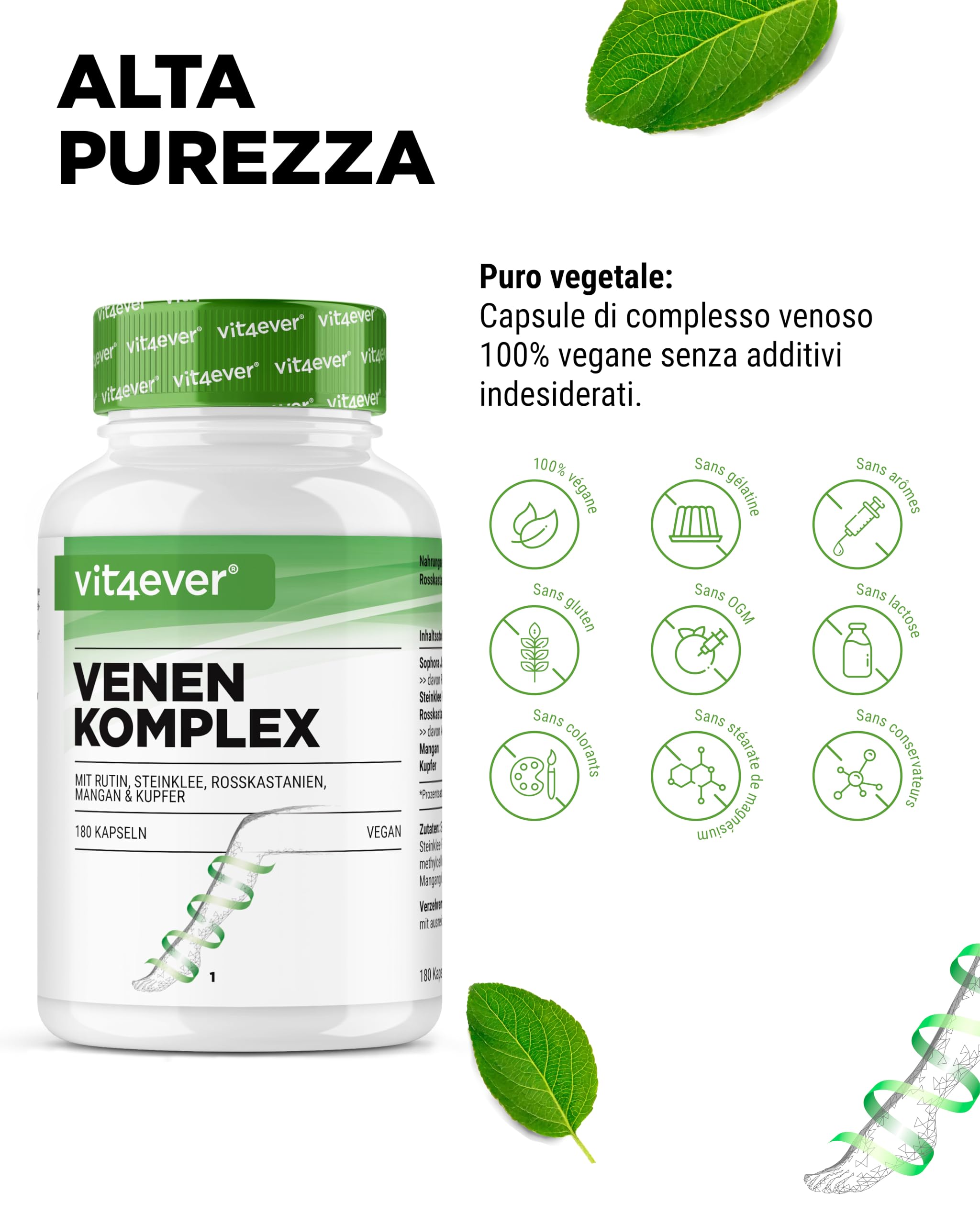 Complesso venoso - 180 capsule - Scorta di 3 mesi - Alto dosaggio di rutina, trifoglio, estratto di ippocastano, manganese, rame - Estratti pregiati - Vegan