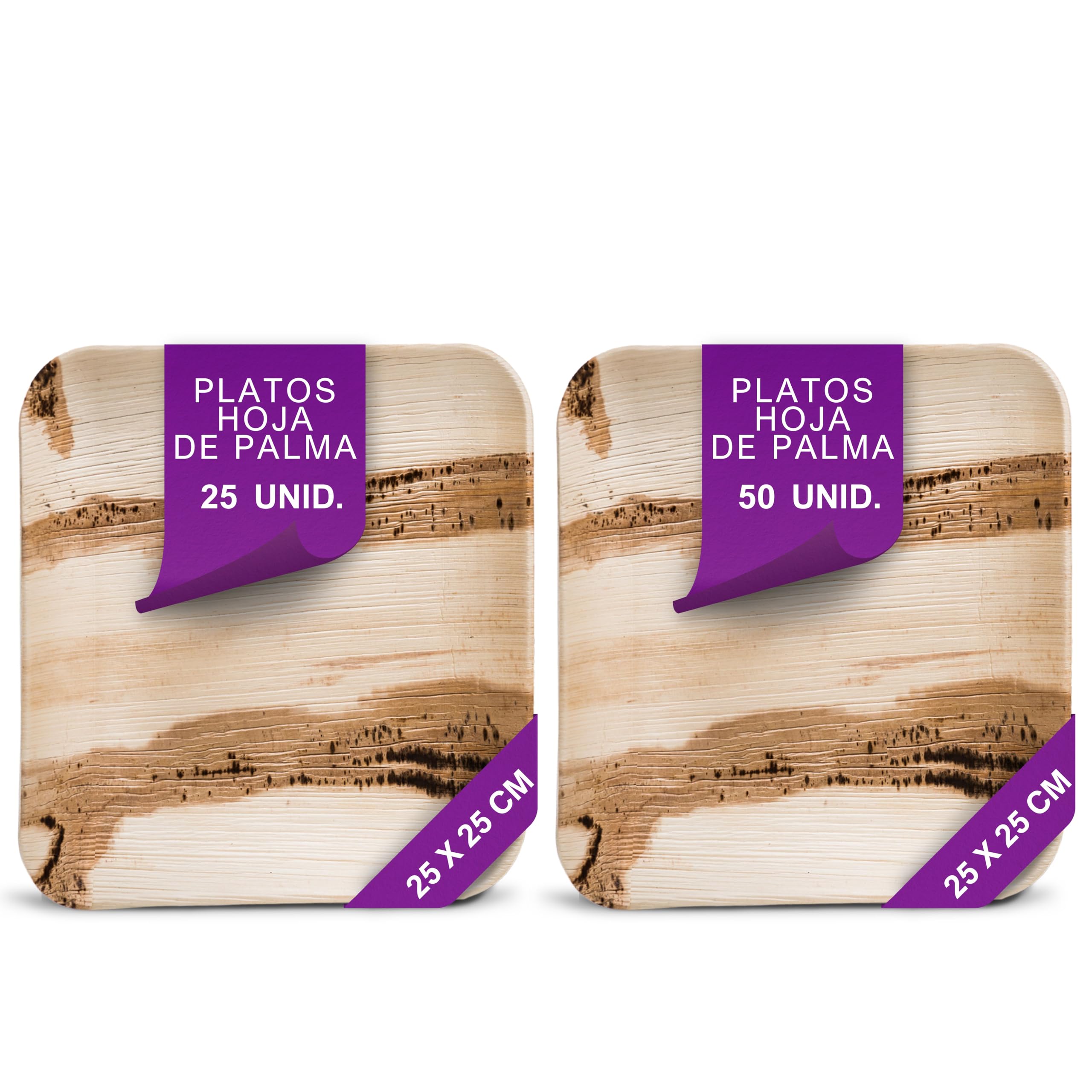 Set de 75 Platos Desechables Cuadrados de Hoja de Palma Orgánicos 25x25 cm