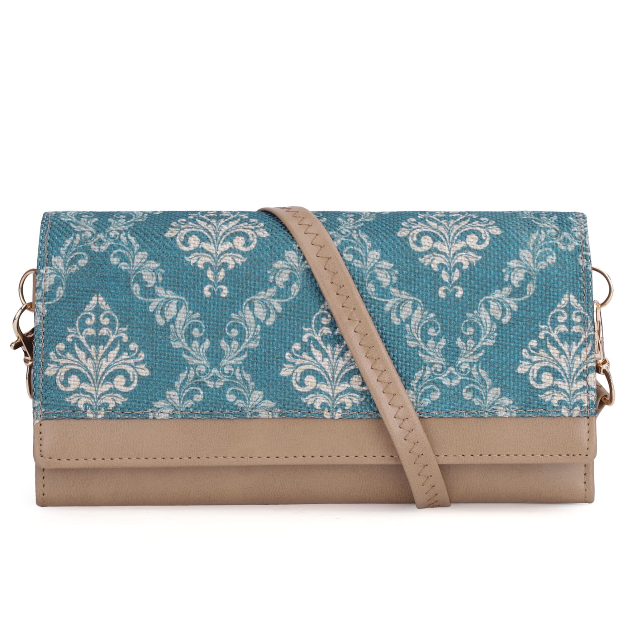 Women's Erika Printed Handicraft Fabric and Vegan Leather Sling Bag with Multiple Card Slots and Shoulder Belt (Blue)-image-41