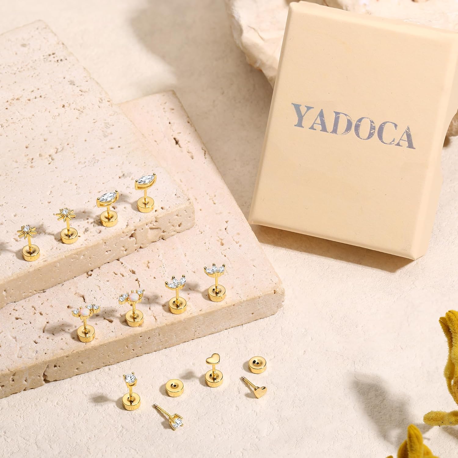 YADOCA Sterling Silver Flat Back Earrings for Women Hypoallergenic 14K Gold Plated Flatback Stud Earrings Trendy Cartilage Helix Conch Tragus Piercing Jewelry 3 Pairs Dainty CZ Opal Earring Set - Image 7