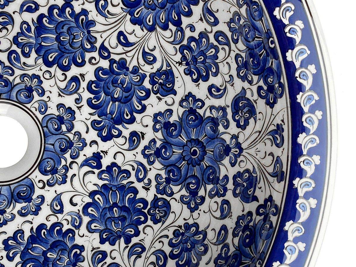 Cerames Lavabo de cerámica Iznik Cevza - Lavabo turco moderno de cerámica para cuarto de baño, aseo, aseo de invitados, restaurante y hotel | Lavamanos sobre encimera y empotrado redondo 48 x 13 cm