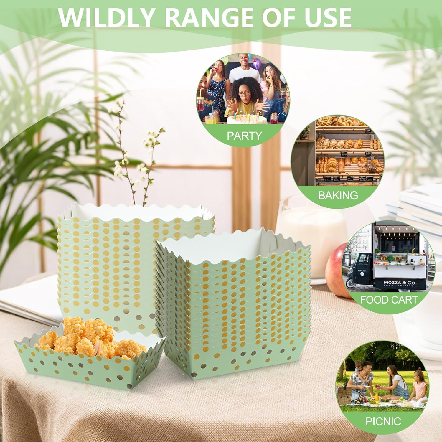 100 Pcs Sage Green Paper Food Trays Paper Gold Polka Dots Tray for Gift Giving Sage Green Scalloped Food Serving Boat Disposable Trays for Wedding Baby Shower Decorations