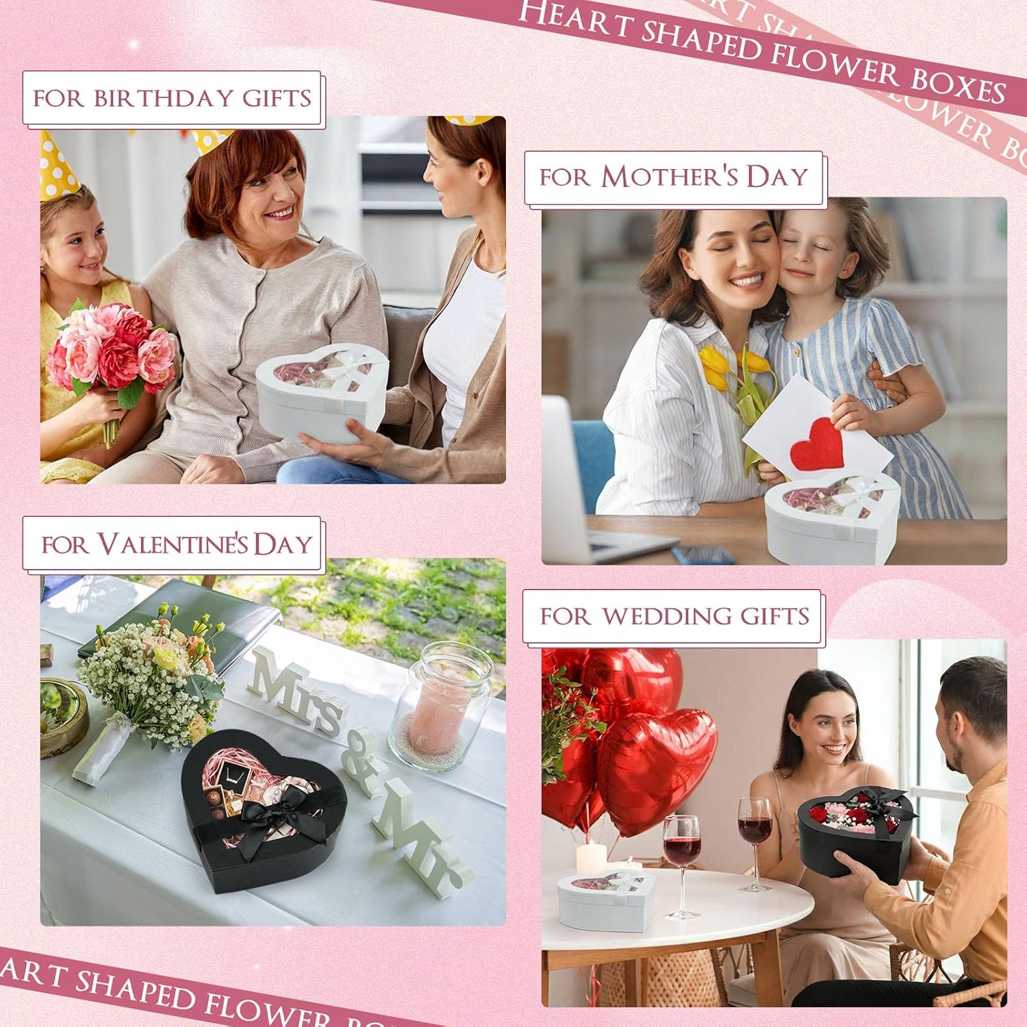 12 Pcs Valentine's Day Heart Shaped Boxes for Flower Arrangements Heart Gift Box with Transparent Window Lids for Bridesmaid Proposal Wedding Birthday, 3 Sizes(Black, White) - Image 5