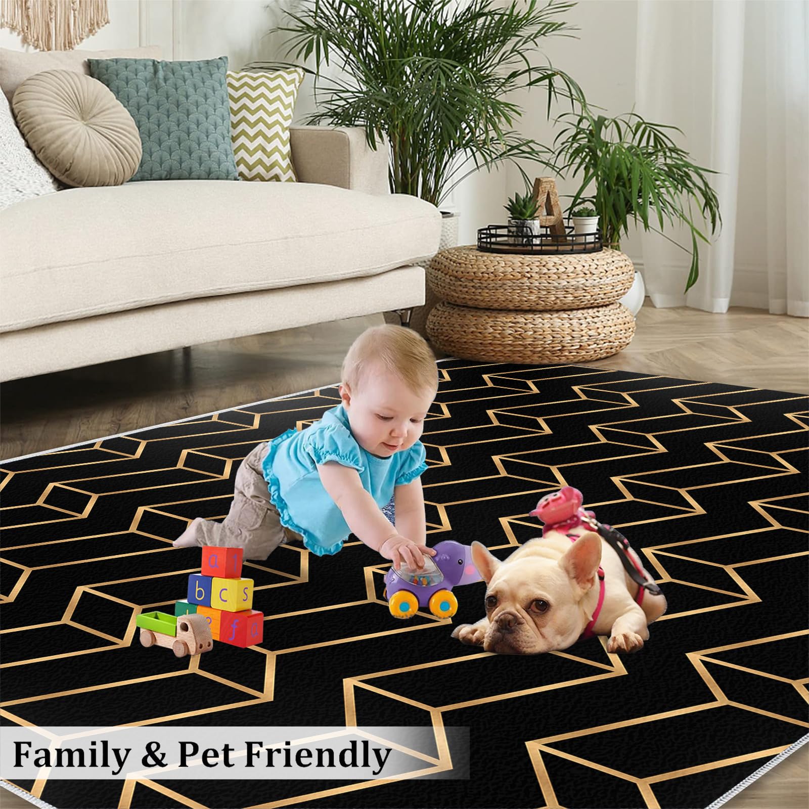 Tapis géométrique 3D, tapis géométrique carré noir et doré, tapis de chambre à coucher doux et pliable pour salon, balcon, terrasse, 150 x 200 cm
