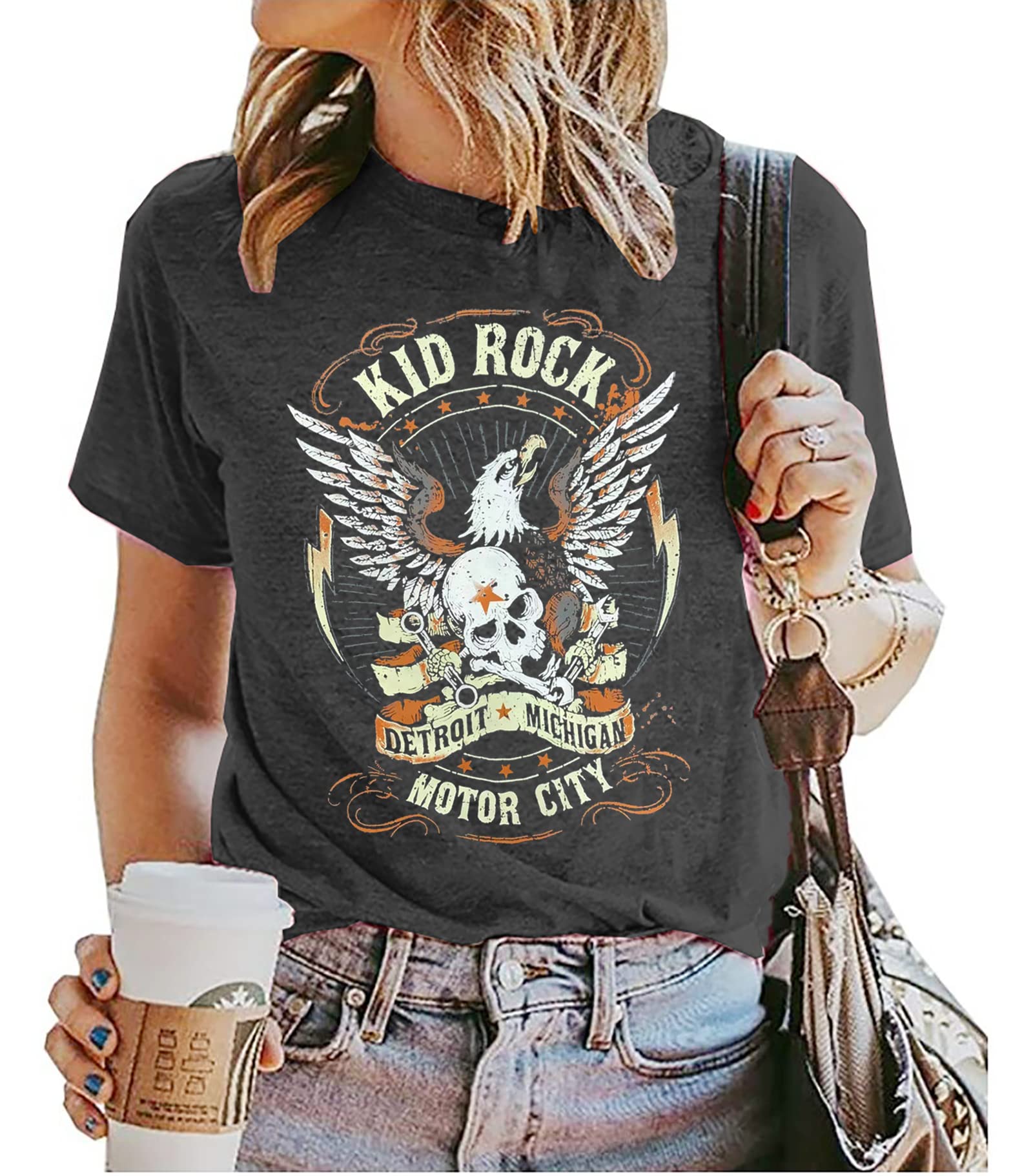 Kid Rock Skeleton Eagle T-Shirt for Women Vintage Rock Roll Music Shirts  Concert Buddy Short Sleeve Casual Shirt Tops