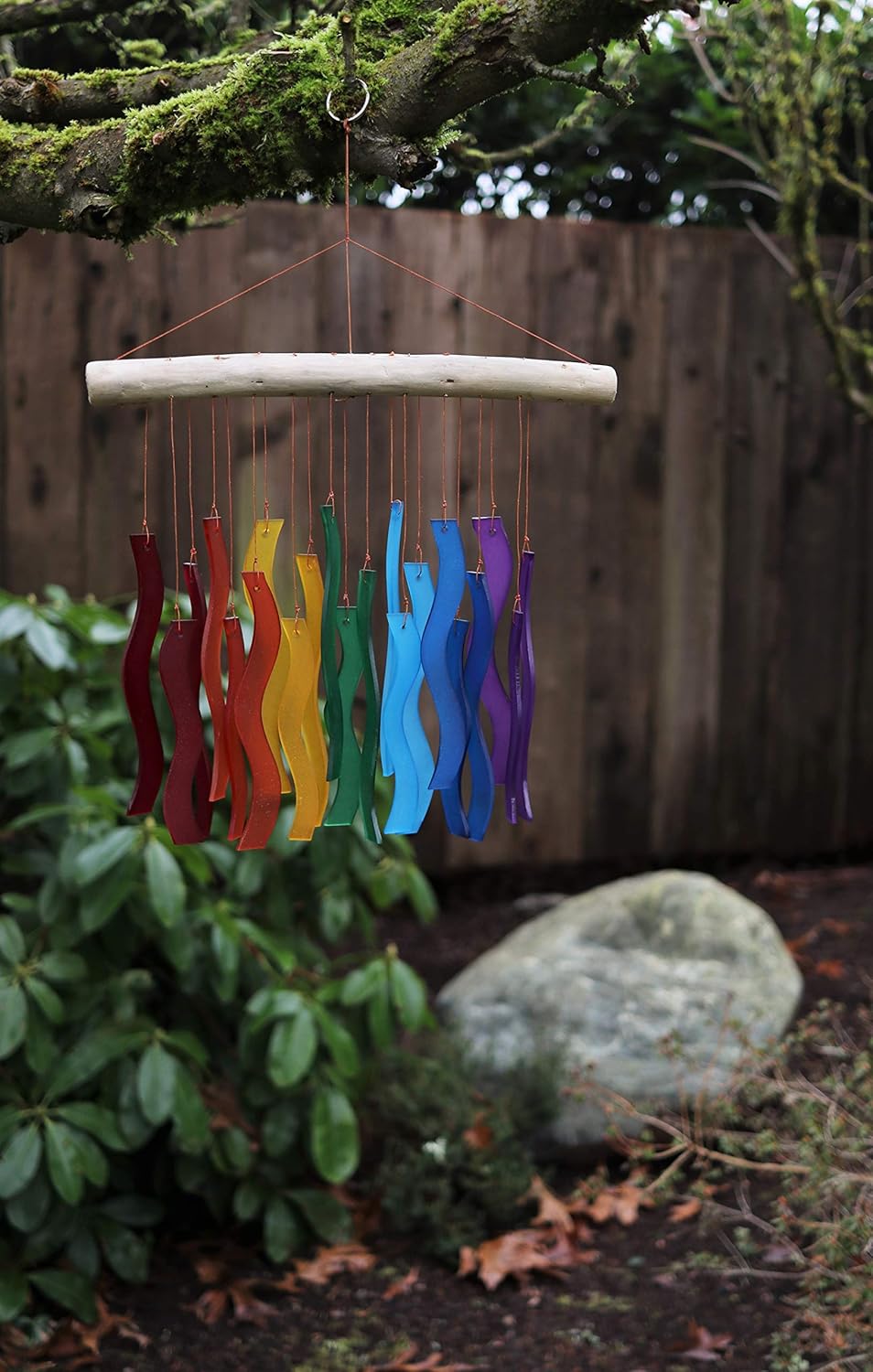 Cohasset Tumbled Glass Wind Chime - Rainbow Wave Design - Recycled Glass and Driftwood - LGBTQ Pride, Yard/Garden Art, Chakras, Mobile, Window Art