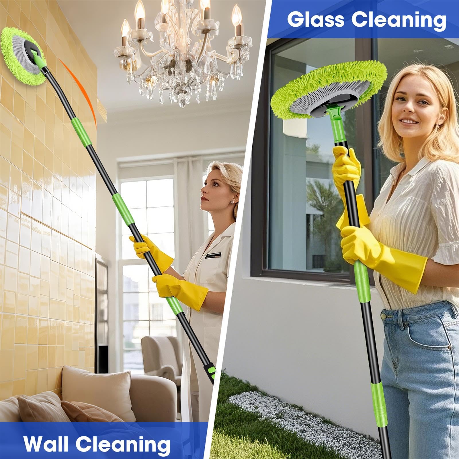 Limpiador de pared, Max 63 pulgadas, mopa verde con mango largo, trapeador de polvo de techo con poste de extensión de 15° que ahorra trabajo, cepillo de limpieza de zócalo, herramienta de cepillo de