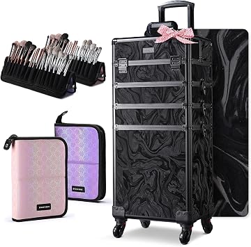 BYOOTIQUE 4in1 Rolling Makeup Case with 2 Foldable Brush Bags Makeup Artist | Aluminum Cosmetology Case on Wheels 360 Detachable Lockable Makeup Organizer with Waterproof Cosmetic Organizer Hairstylist