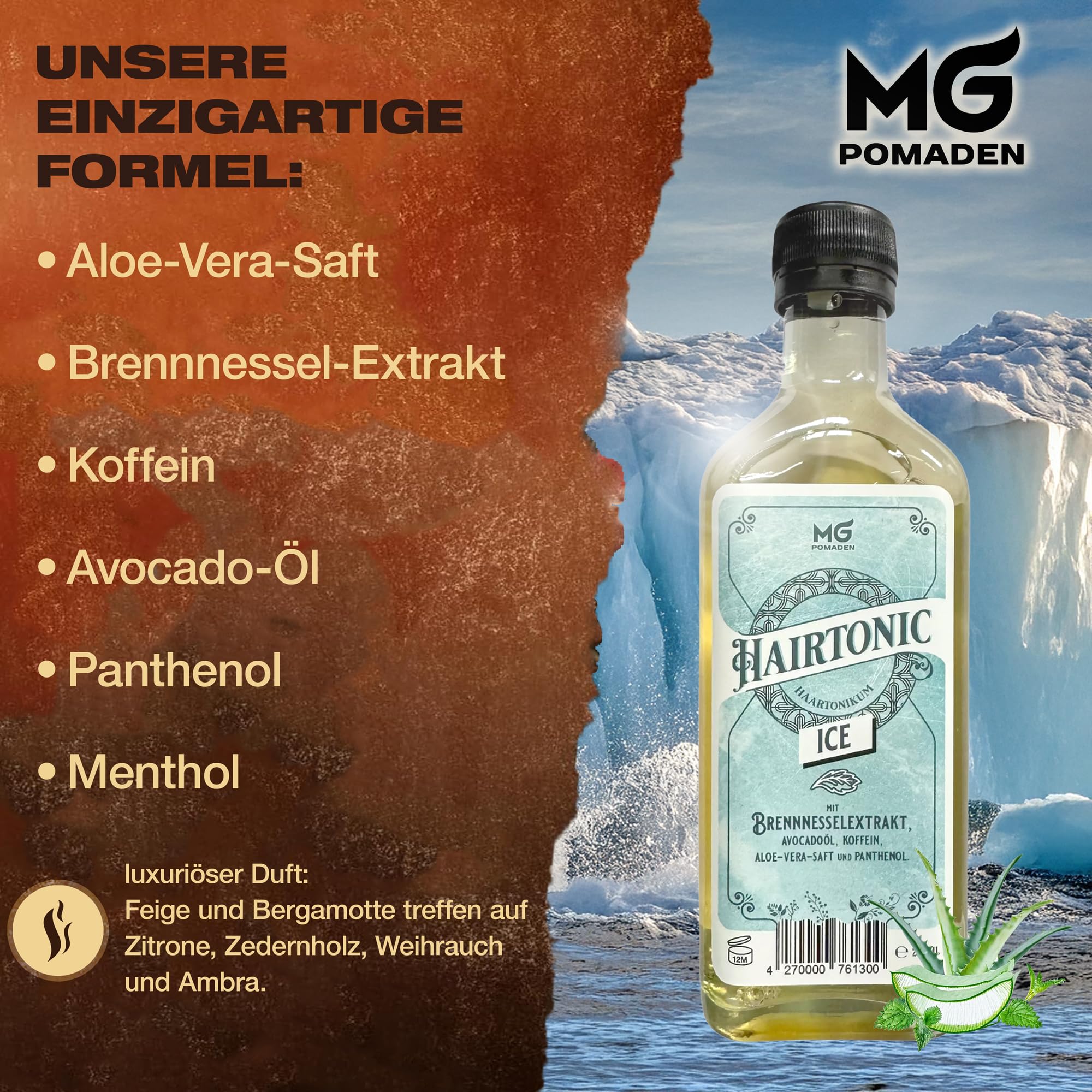 Hairtonic ICE, Kühleffekt durch Menthol, Haartonikum, Haarwasser, pflegend für Haar & Kopfhaut mit Koffein Brennnesselextrakt, Aloe-Vera-Saft, Avocadoöl, Panthenol, Unterstützt Haarwachstum