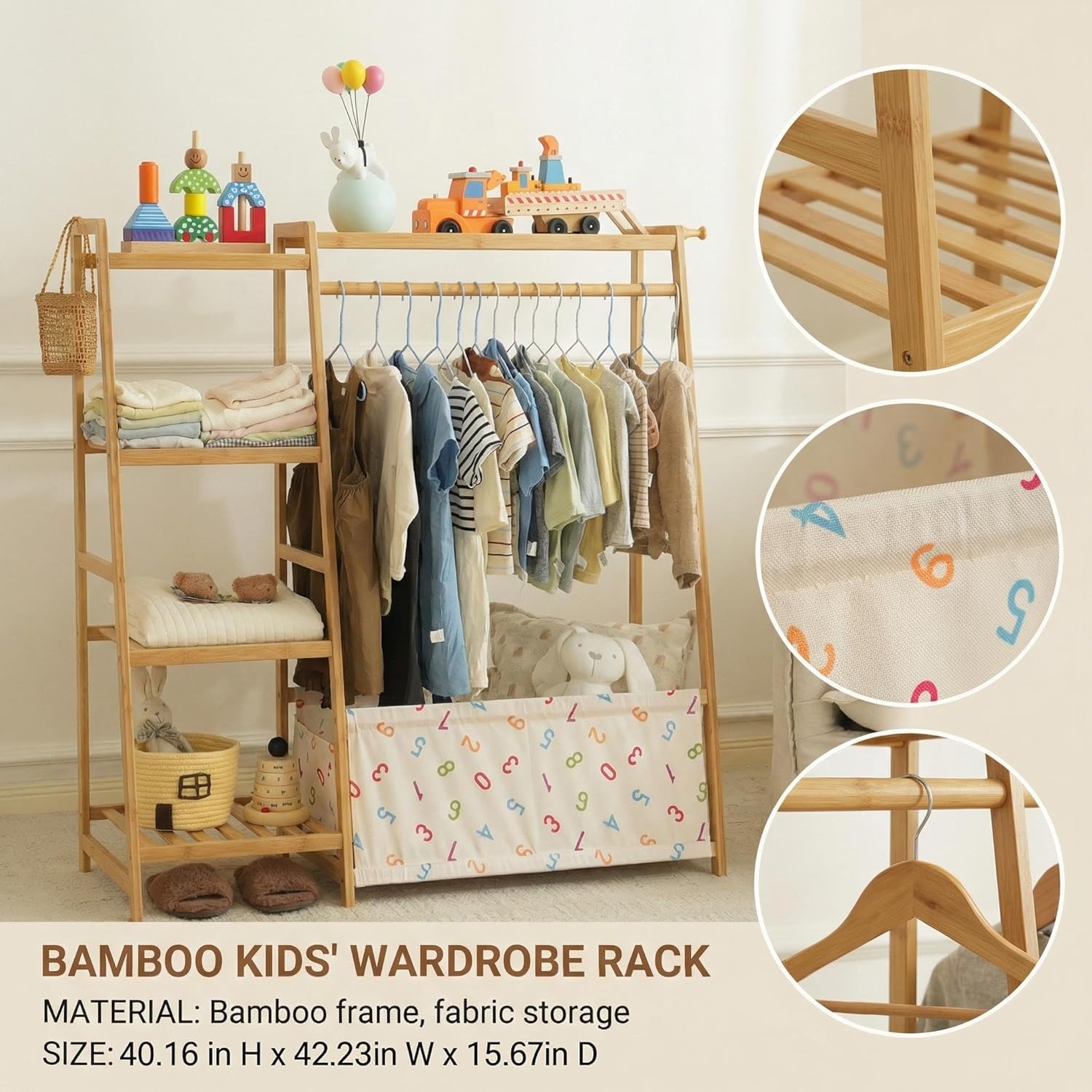 Kids Clothing Rack- Toddler Dress Up Rack with 5-Tier Open Shelves & Storage Bag, Baby Clothes Rack Small, Bamboo Garment Rack & Free Standing Clothes Rack, Mini Clothing Rack for Playroom