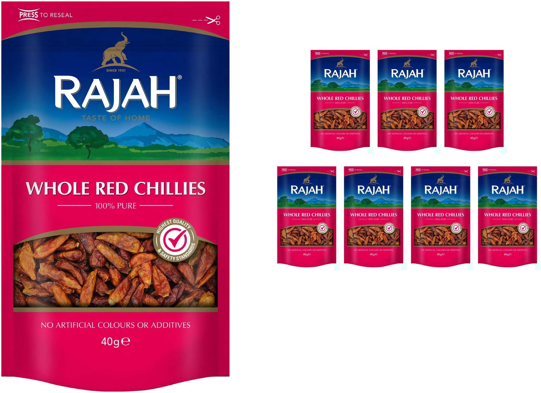 RAJAH TASTE OF HOME SINCE 1931 Rajah Spices Whole Red Chillies | Red Chilli | Hot Whole Chilli | Dried Chillies | Marchu | Mirch | Lonka | Vattal | (10x40g)