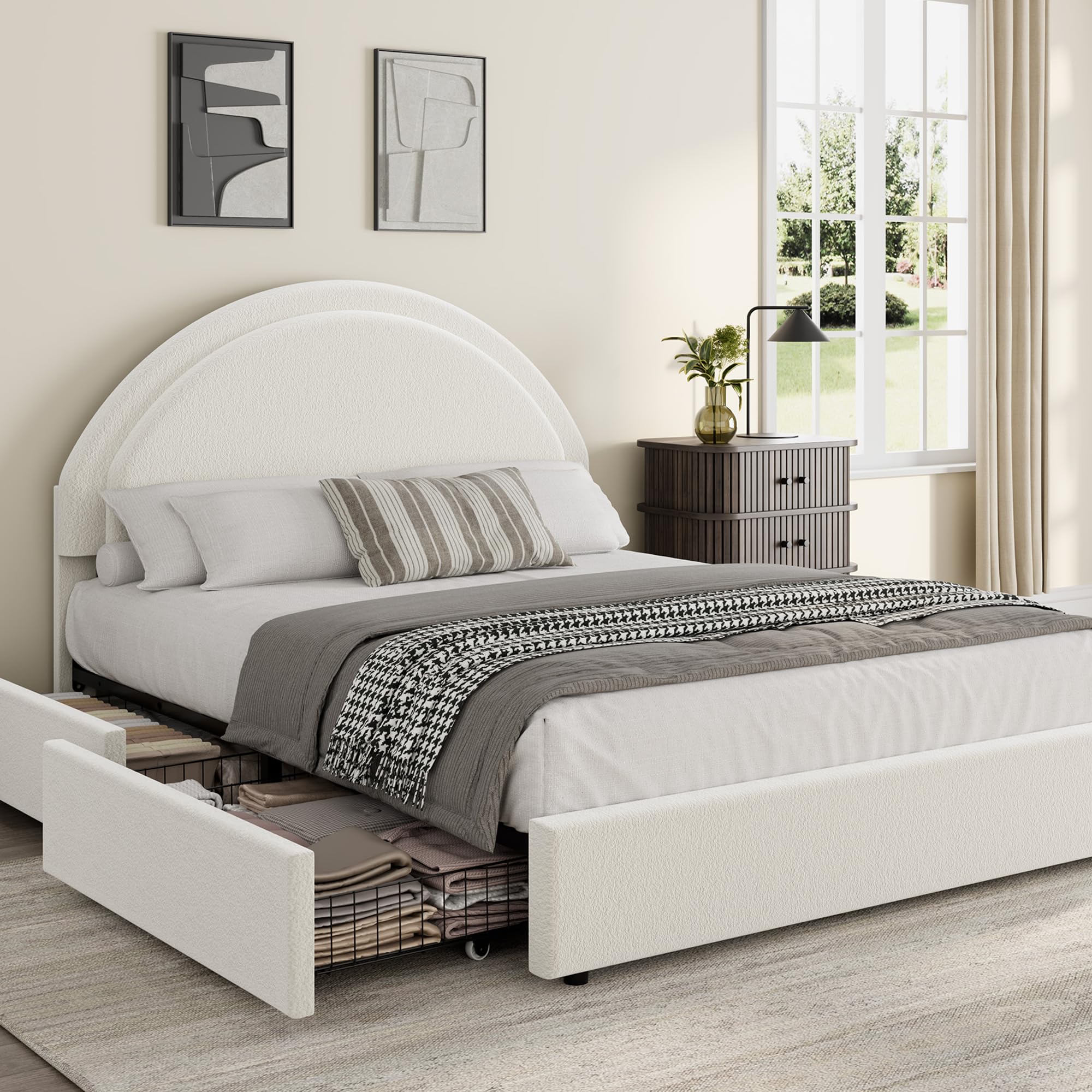 Garvee Full Size Bed Frame with Storage Drawers, Upholstered Boucle Platform Bed with Round Headboard, Heavy Duty & Noise Free, No Box Spring Needed, White