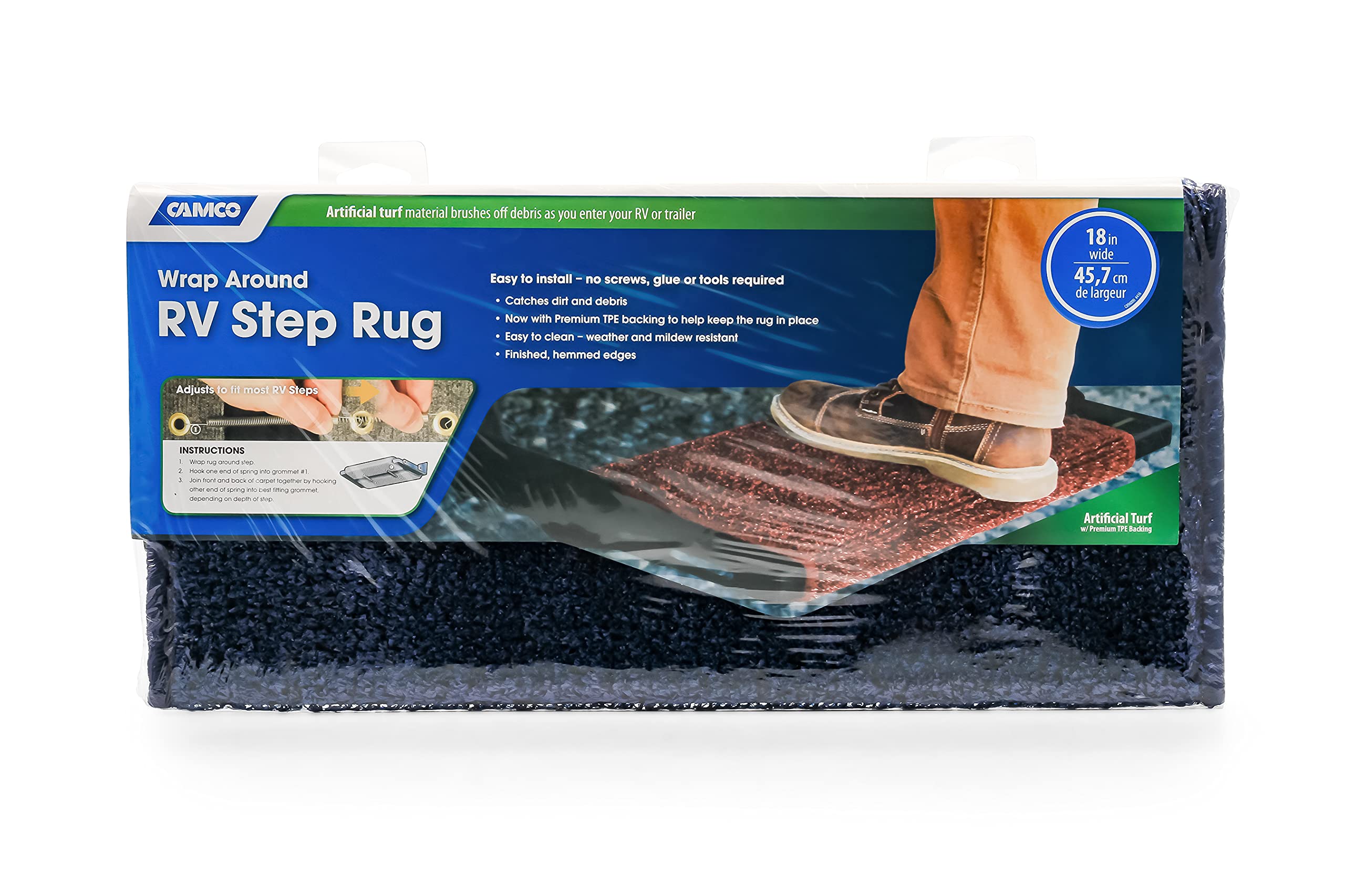 Camco 42916 Premium Wrap Around RV Step Rug, Turf Material, Blue, 17.5" x 18"