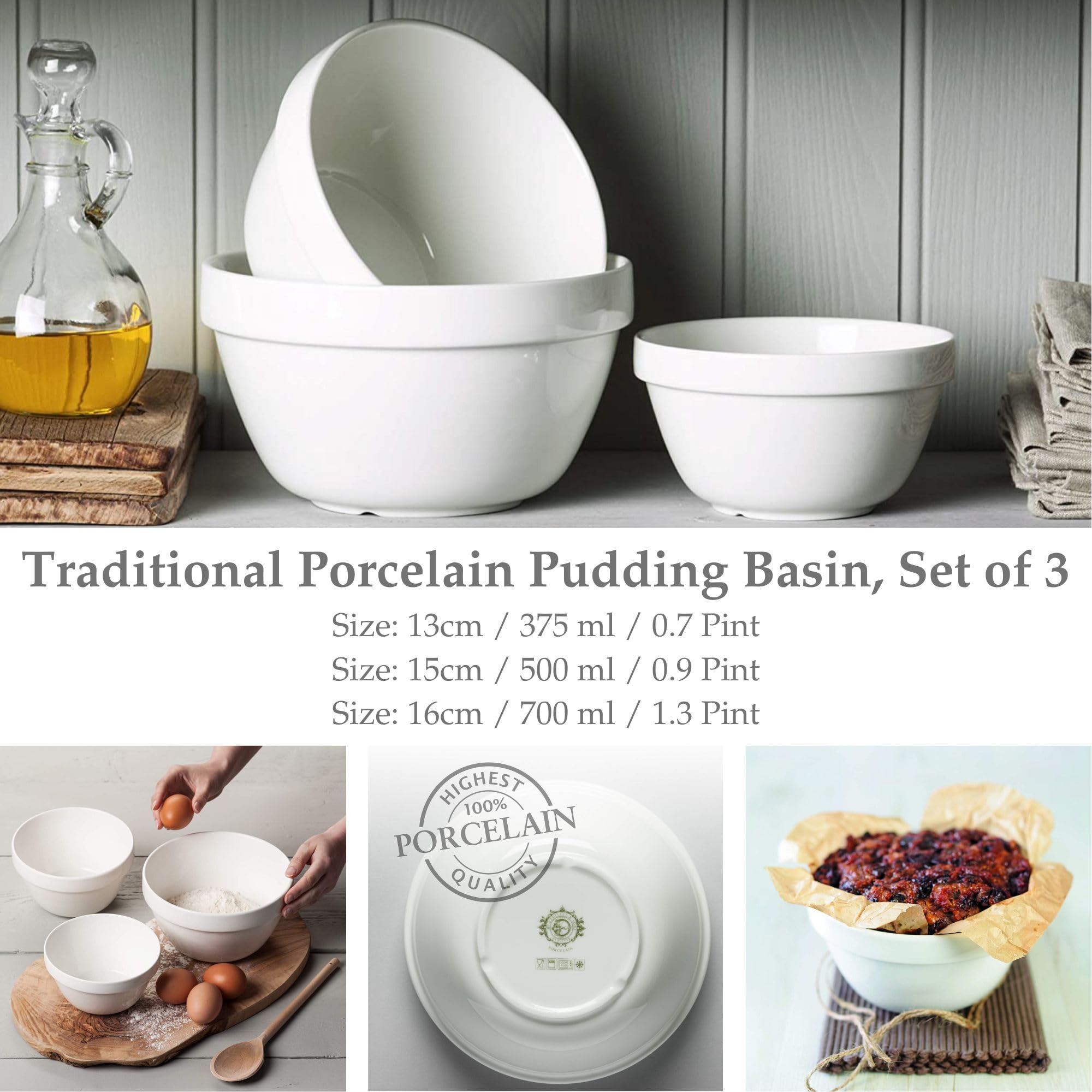 Wm Bartleet & Sons - Juego de 3 lavabos tradicionales de porcelana (375 ml, 0,7 pt/500 ml, 0,9 pt/700 ml, 1,3 pt) - Blanco