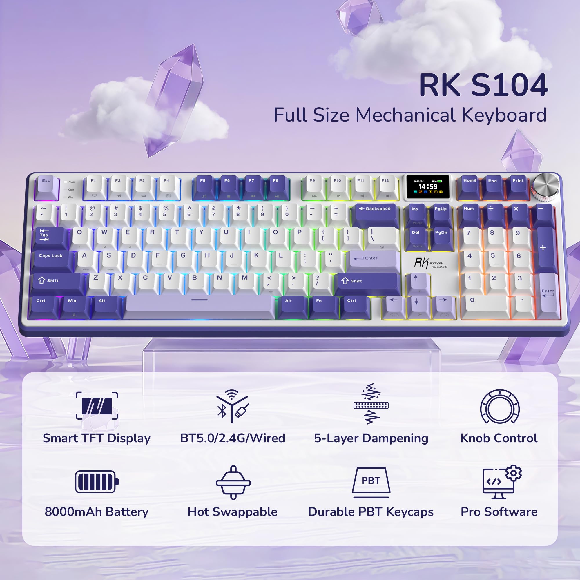 RK ROYAL KLUDGE Teclado mecánico inalámbrico S104 con pantalla y perilla, teclado para juegos de tamaño completo con batería de 8000 mAh, interruptores prelubricados con retroiluminación RGB