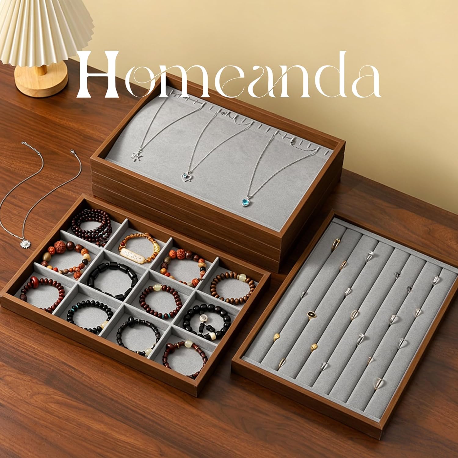 Homeanda Drawer Jewelry Organizer Tray, Wooden Velvet Storage, 7 Long Slots image 2