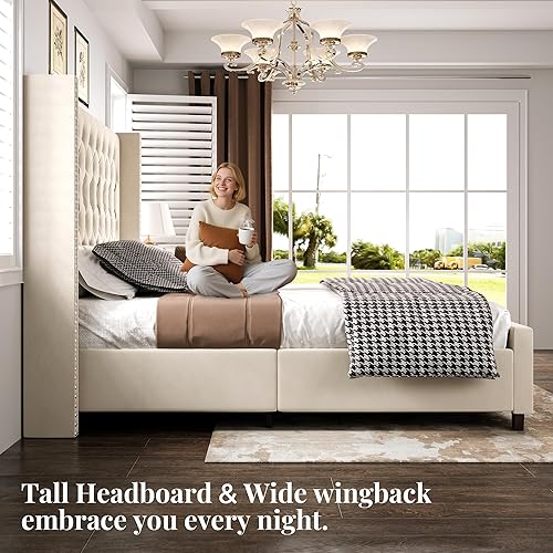 Miniatura 5 de PaPaJet Base de cama tamaño Queen con cabecera de diseño de alas de 61.4 pulgadas de alto, plataforma tapizada de terciopelo, acolchado de botón