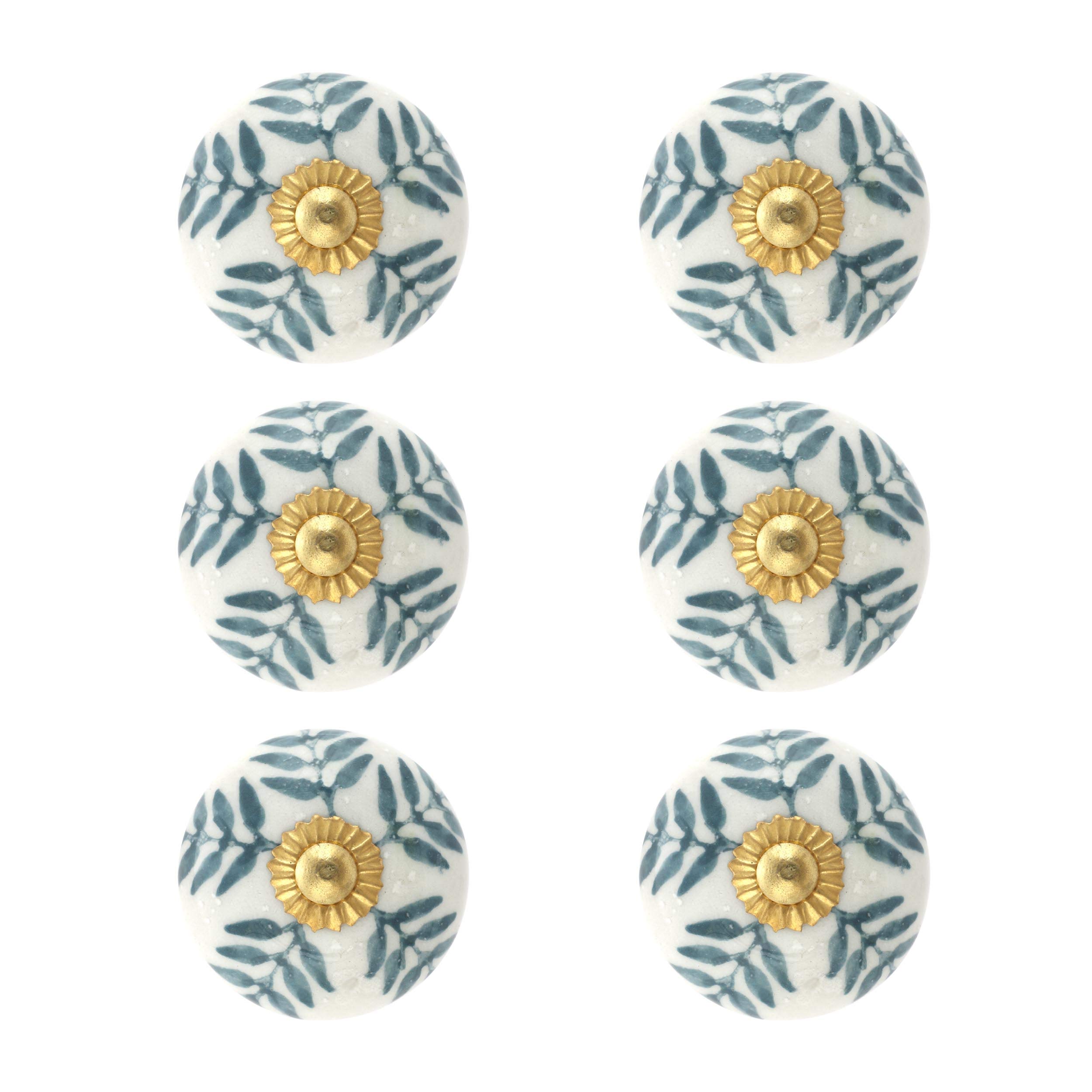 ROCOCO Ceramic Knobs for Drawers, Door Knob, Leaf Design Drawer Handles or Drawer Knobs with Ideal Size Screws, White and Grey, Glazed Finish, Pack of 15