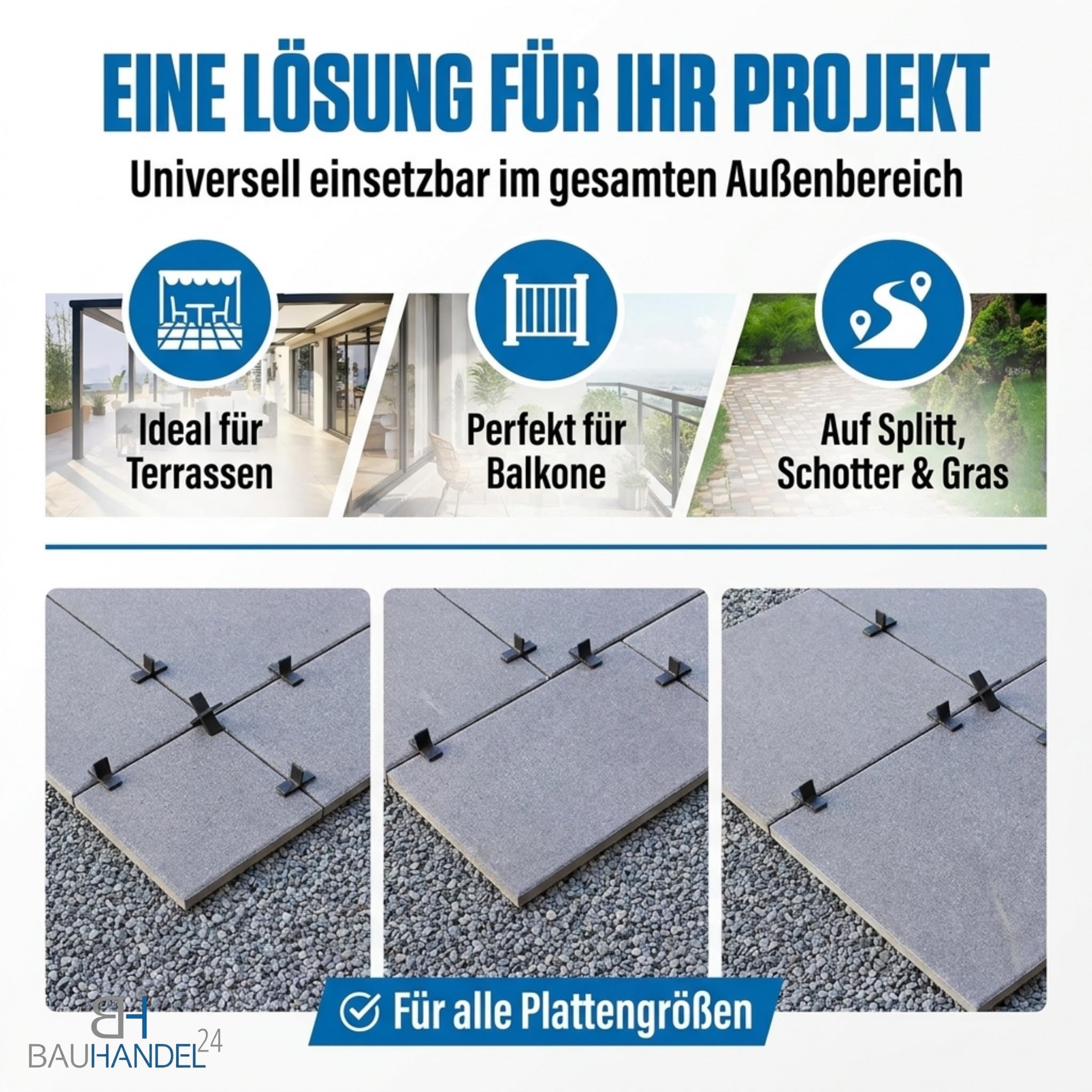 Bauhandel24 - Fugenkreuze 3mm für Terrassenplatten 100 Stk., Fugenkreuz auch als T-Stück, Abstandshalter 15mm Höhe, Kreuze im Außenbereich für Platten Pflaster Terrasse Balkon