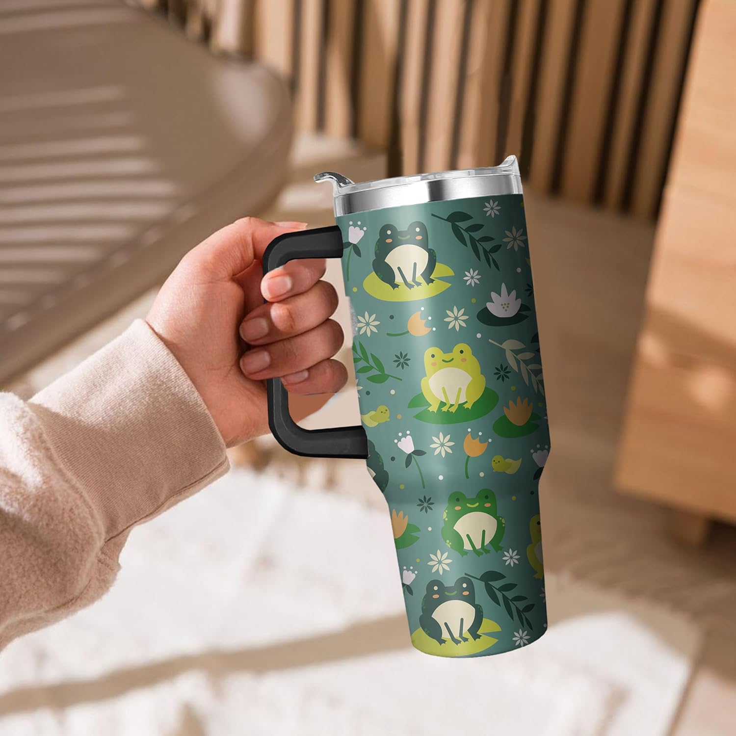 40 Oz Frog Tumbler with Handle and Straw, Double Wall Stainless Steel Frog Cup, Frogs Coffee Mug Keeps Drinks Cold & Hot Gifts for Women Mom Friends for Birthday, Chrismas, Thanksgiving - Image 5