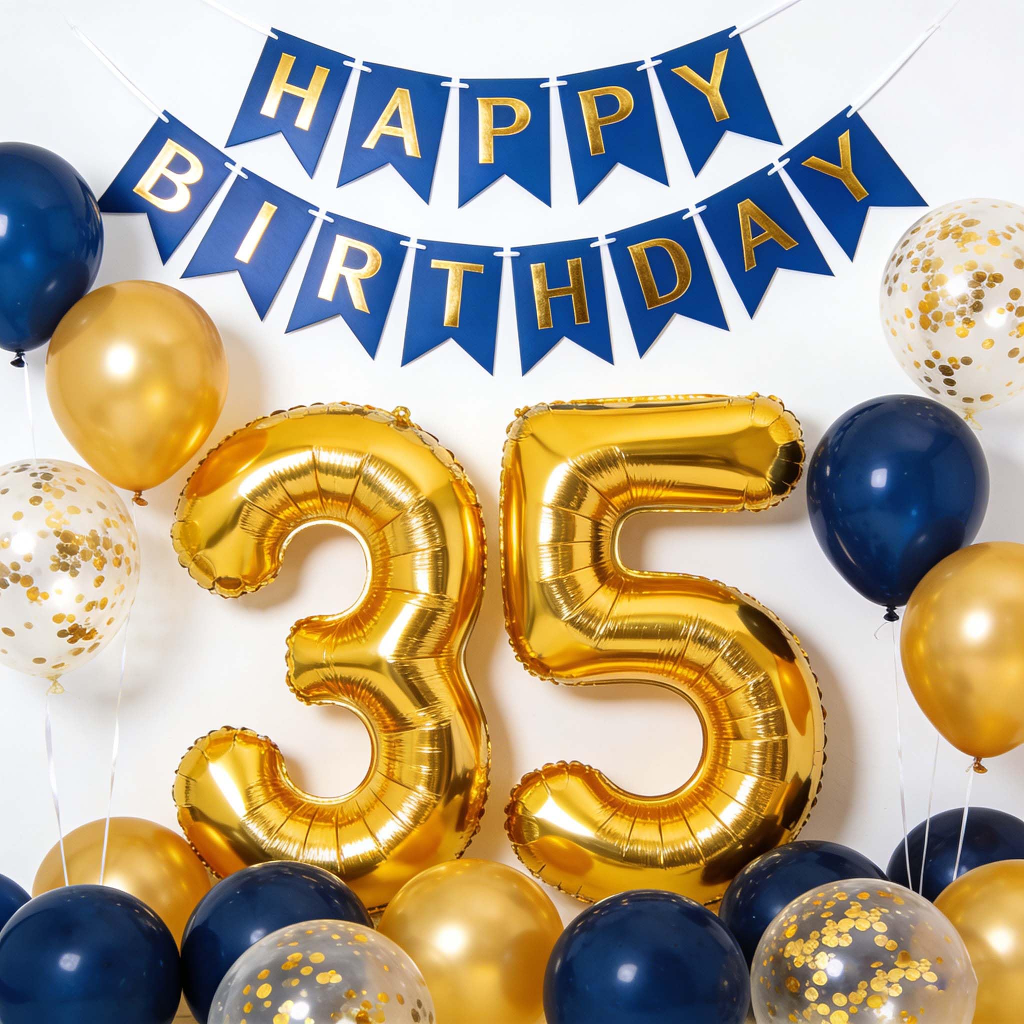 35th Birthday Party Decorations for Men Women, Navy Blue Metallic Gold 35 Birthday Banner Confetti Balloon 35th Party Supplies for Husband Cheers to 35 Years Decor (35th)