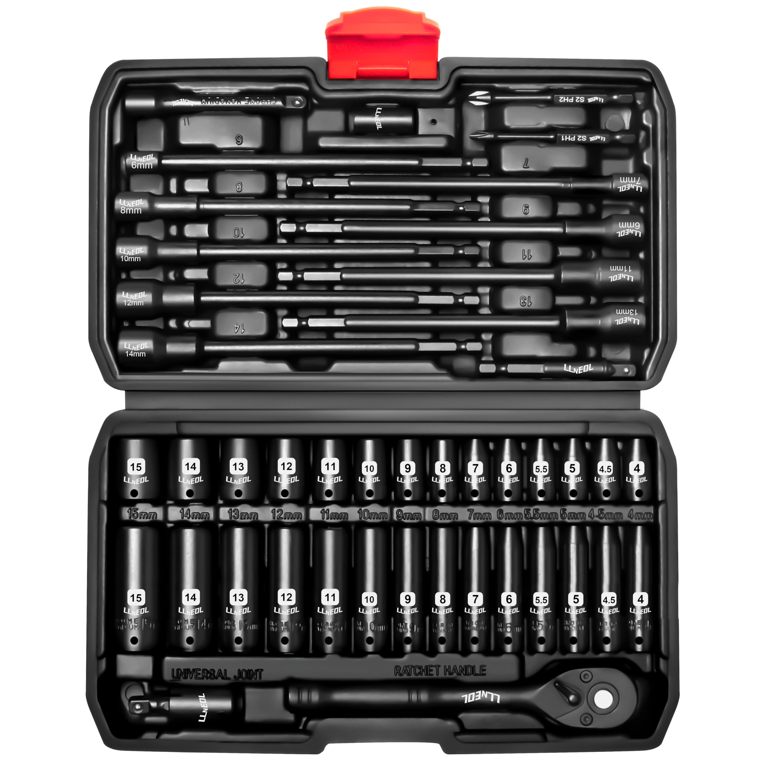 LLNEDL 1/4 inch Drive Socket Set & Nut Driver Set 44PCS, Metric Sockets Deep&Shallow (4-15mm) with Ratchet, 6" Magnetic Nut Drivers with 1/4" Hex