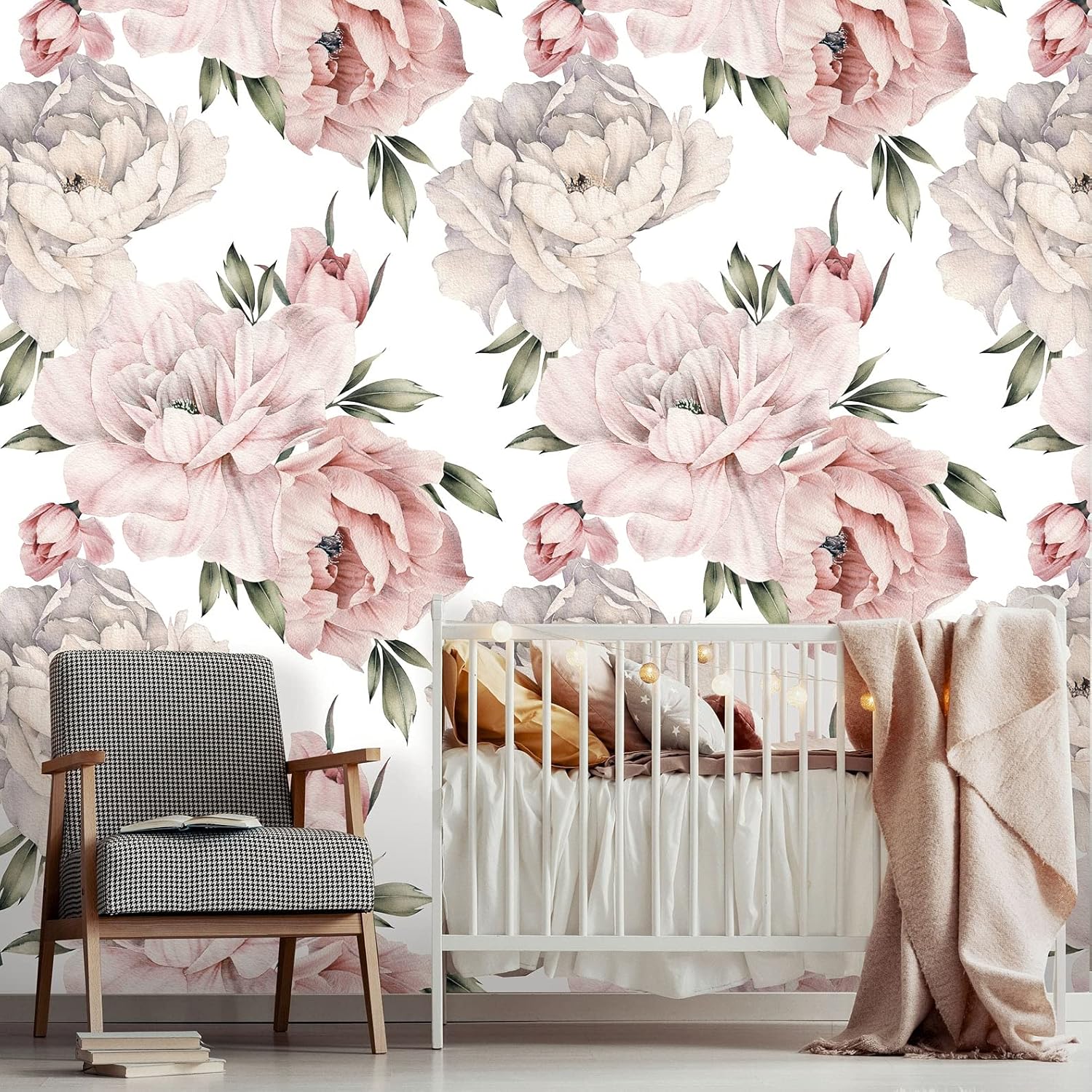 Watercolor Peonies Peel and Stick Wallpaper | Removable Floral Wallpaper | Self Adhesive Peony Large Mural | Blush Nursery Wallpaper (1 roll 24" W x 96" H)