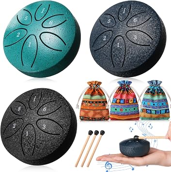 3 Pcs Rain Drum for Outside Garden, Rain Chimes Steel Tongue Drum 3 Inch 6 Notes Musical Instruments with Cloth Bags and Mallets Chakra Tongue InstrumentGreen,black,navy Blue