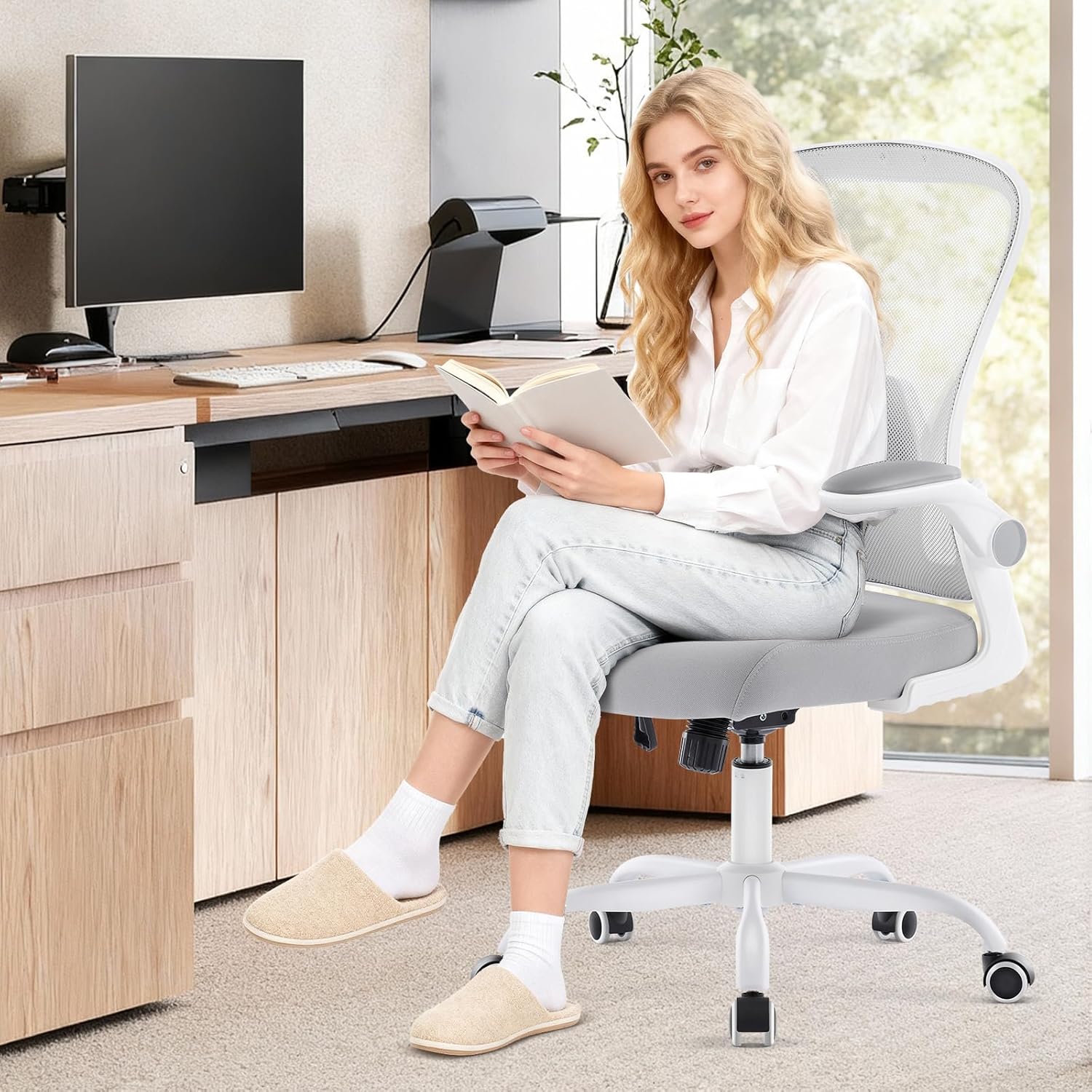 Ergonomic Office Chair, Computer Desk Chair with Adjustable Lumbar Support and Flip-up Armrests, Rocking Function, Comfy Mesh Office Desk Chair for Home Office, Grey