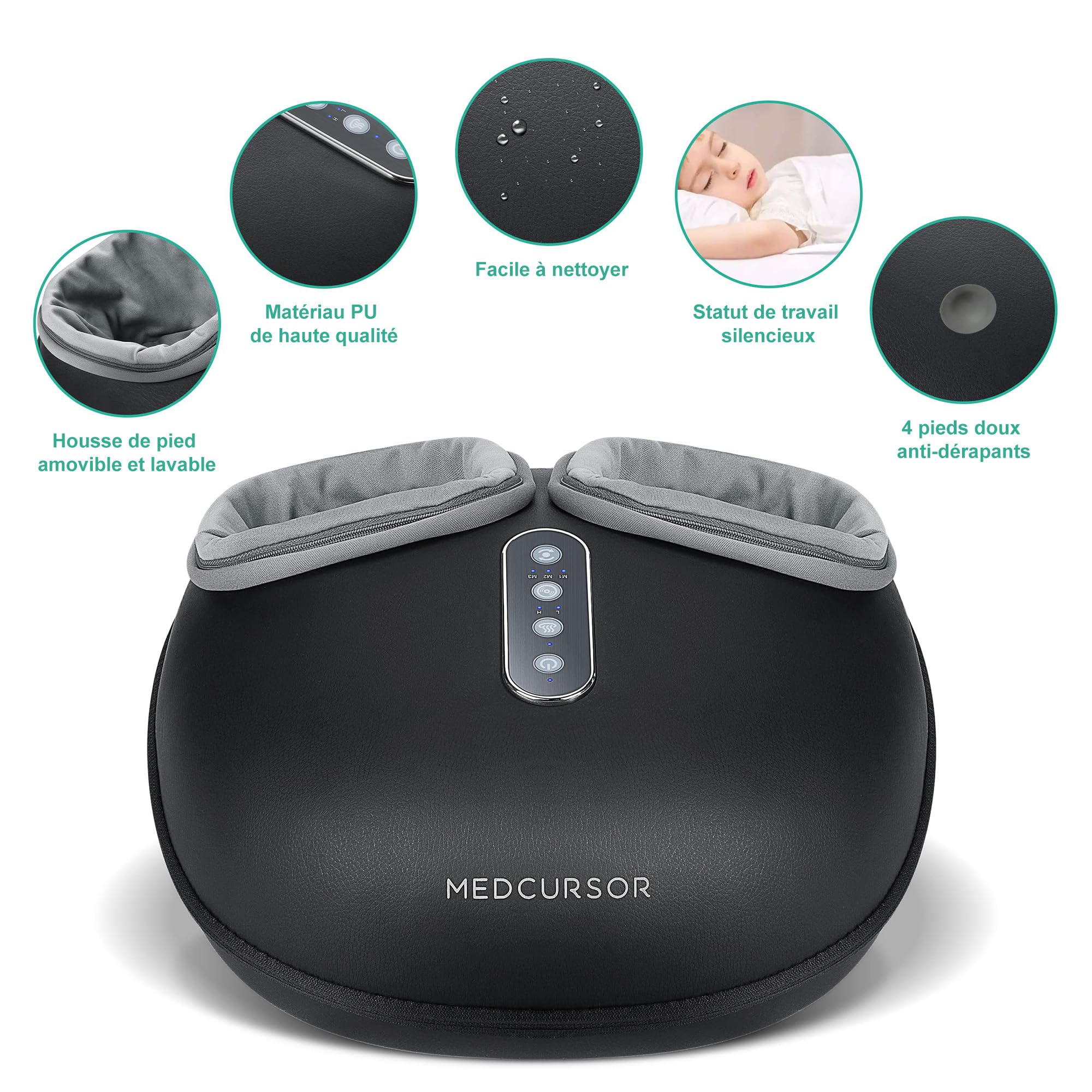Machine de massage des pieds Medcursor avec fonction de chaleur, masseur à pétrissage profond, réglages multi-niveaux et intensité réglable pour utilisation à domicile ou au bureau (noir)