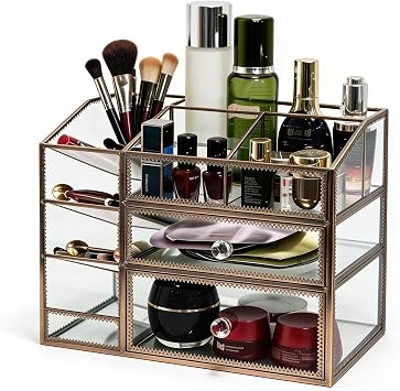 Glass Makeup Organizer for Vanity Countertop,Vintage Lace Cosmetic Storage Cabinet with 2 Drawers, Open Top Lipstick Skincare Jewelry Holder, Bathroom Desktop Beauty 3-Tier Display Makeup Brushes