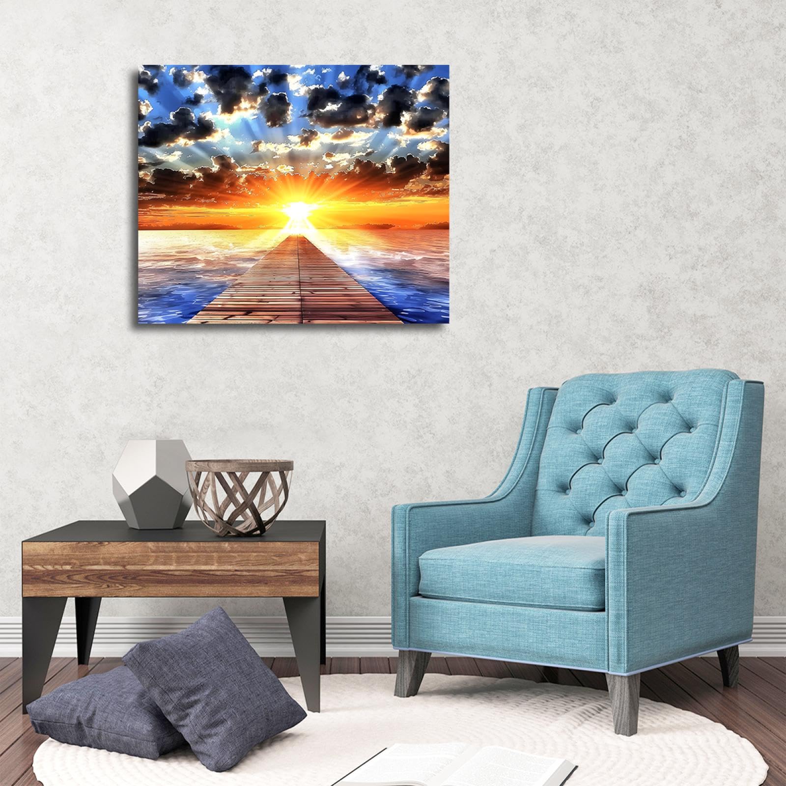 OSHIONARTE Ozean Pier Sonnenaufgang gerahmt Wandkunst Dekor Meer Landschaft Malerei Sonnenuntergang Leinwand Bild für Küche Büro Zuhause Wanddekoration 35x45cm Innenrahmen