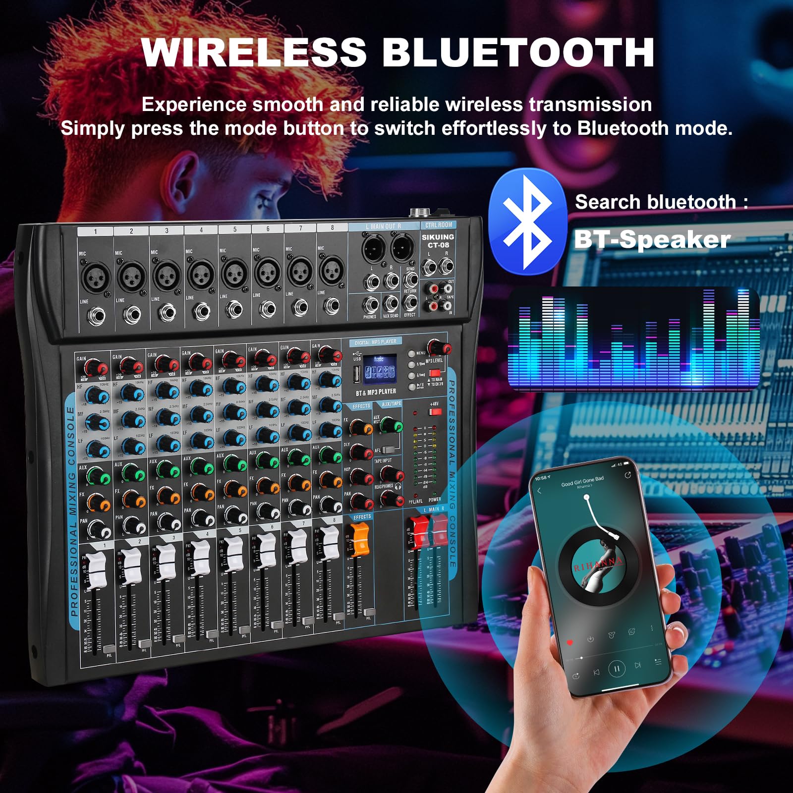 8-K-Audio-Mixer, Soundboard-Mixer, 16 DSP-Effekt-Audio-Interfacer mit USB-Laufwerk für Computeraufnahmen, 48 V Leistung, XLR-Mikrofonanschluss, DJ-Mixer für