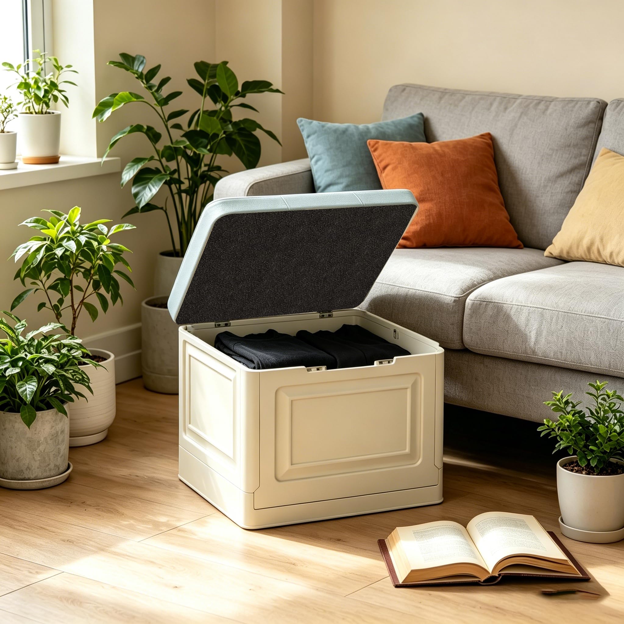 Sitzbank mit Stauraum – Aufbewahrungsbox, Sitzbank klappbar, pflegeleicht, Faltbare Aufbewahrungsbox mit Deckel, bis 200 kg belastbar, für Flur, Wohnzimmer, Schlafzimmer (Light Gray, 80cm)
