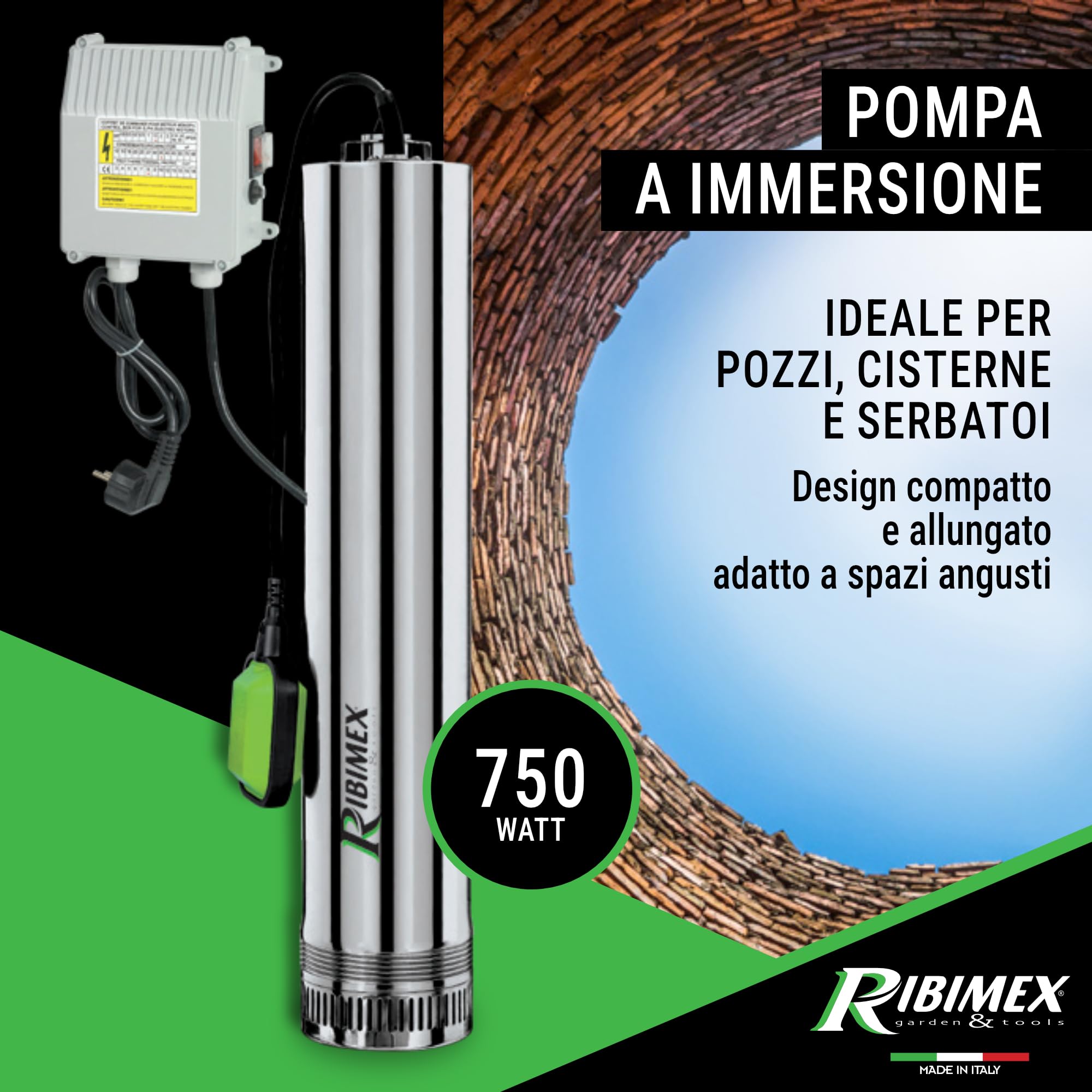Ribimex Pompa Sommersa per Pozzi 4 Turbine, Acque Chiare, 750W, Portata 8000L/h, Immersione Max 15 m, Prevalenza 43 m, in Acciaio Inox, Ideale per Pozzi, Cisterne e Serbatoi - PRPVC751/43F