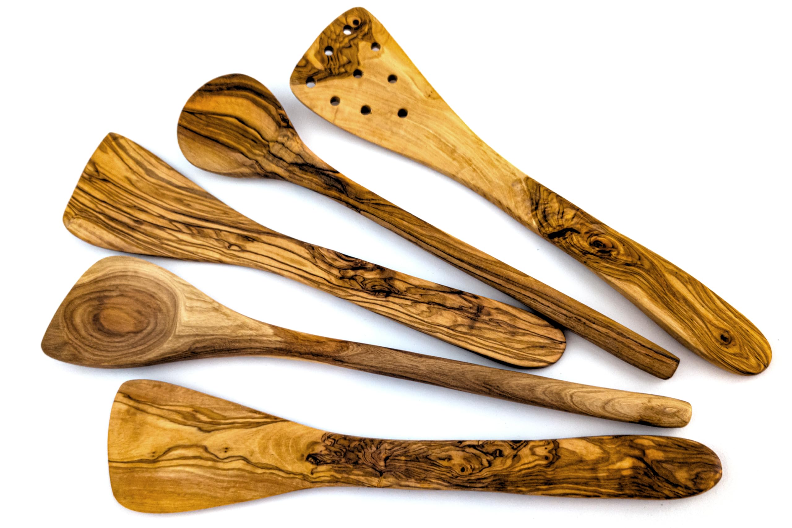 EMNA - 5-teiliges Oliven-Holz Küchenutensilien-Set | ca. 30 cm | Exklusive Geschenk-Box | Koch-Löffel | Pfannen-Wender | Geschenkidee | Geburtstag | Weihnachten | Frau | Mutter | Mann | Vater | Ostern