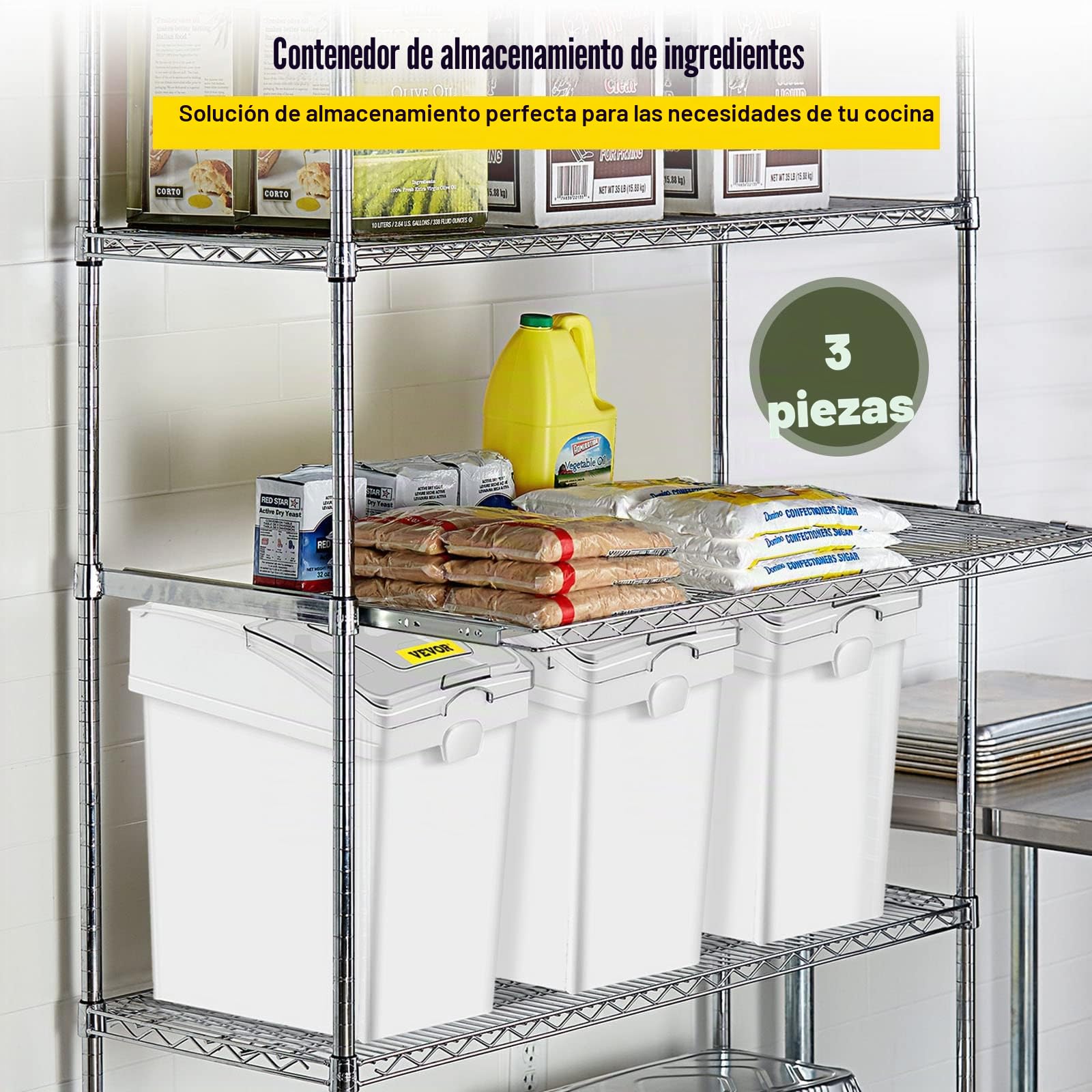 VEVOR Contenedor de ingredientes, contenedor de almacenamiento de ingredientes de capacidad de 6.6 galones, contenedores de harina de material PP sobre ruedas, contenedor de ingredientes de estante