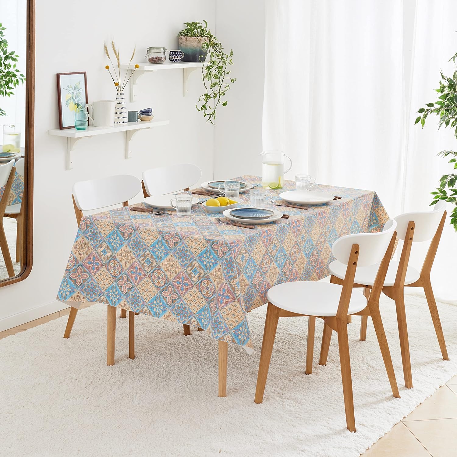 KP HOME PVC Table Cloth Wipe Clean Lisbon Tiles Pattern Vinyl Tablecloth Pink Beige Blue Square 140 x 140 Portuguese Azulejo Table Cover 4 Seat - Image 2