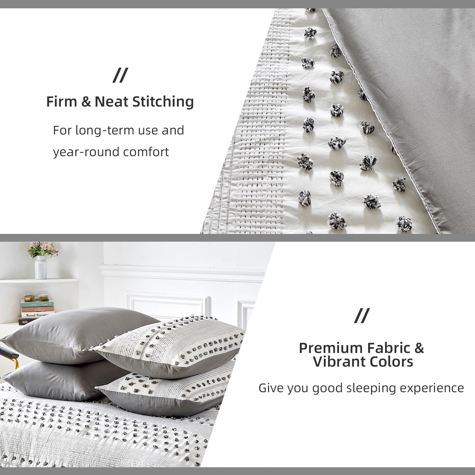 Boho Comforter Set Queen Size Tufted Dots Shabby Chic Bedding, Pom Pom Soft Microfiber Complete Bed in a Bag 7 Piece for All Season 90''x90''