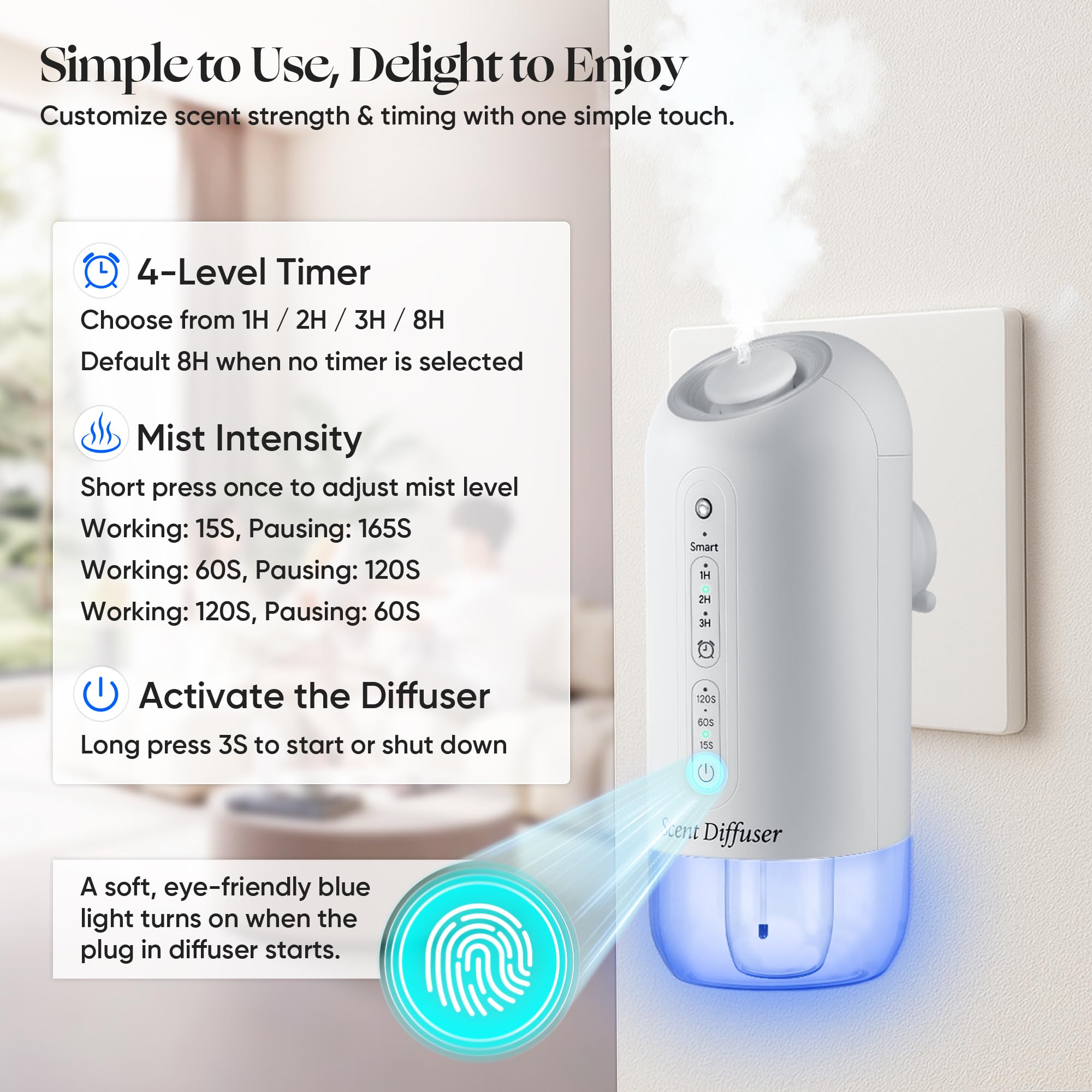 Kit de iniciación de difusor enchufable, difusor de aroma sin agua con 5 aceites esenciales, cobertura de 700 pies cuadrados, diseño de pared inteligente, niebla de aire frío, 3 niveles de niebla y