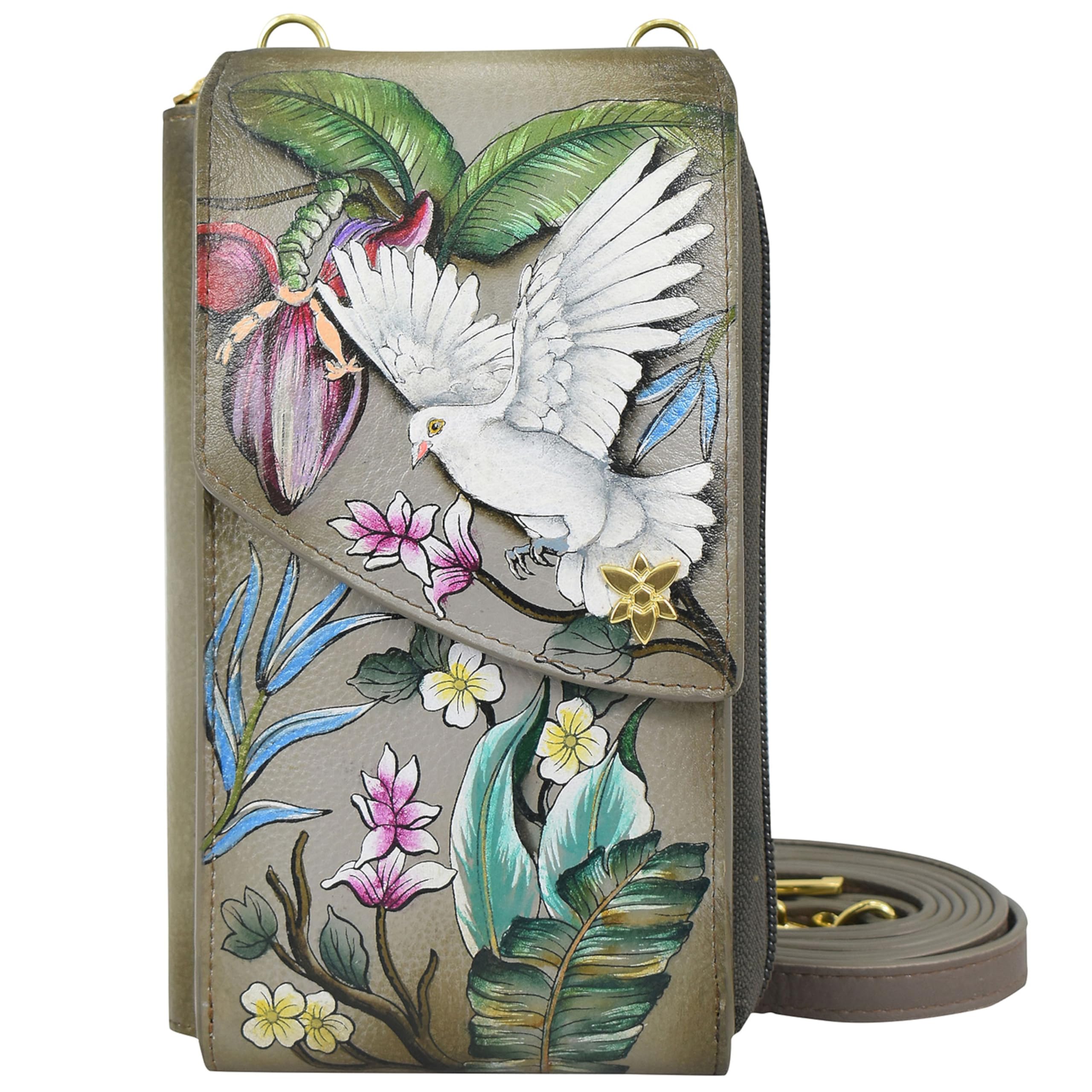 Women's Original Hand-Painted Genuine Leather RFID Blocking Crossbody Phone Wallet - Wings of Peace-image-5