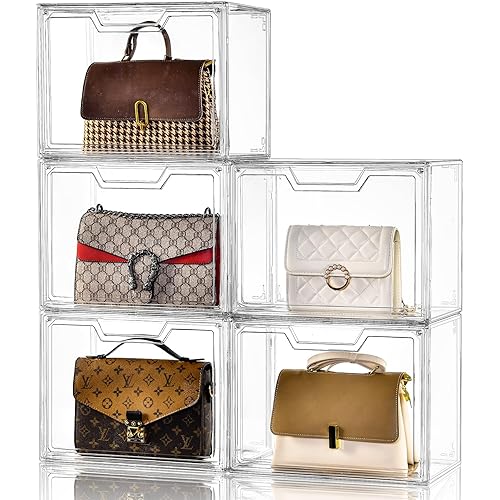 Purse Organizer for Closet,Clear Acrylic Display Case for Handbag Organizer, Purse Storage Box with Magnetic Door, Dustproof Storage Bins for Book, Collectibles, Cosmetic (5 Pack)