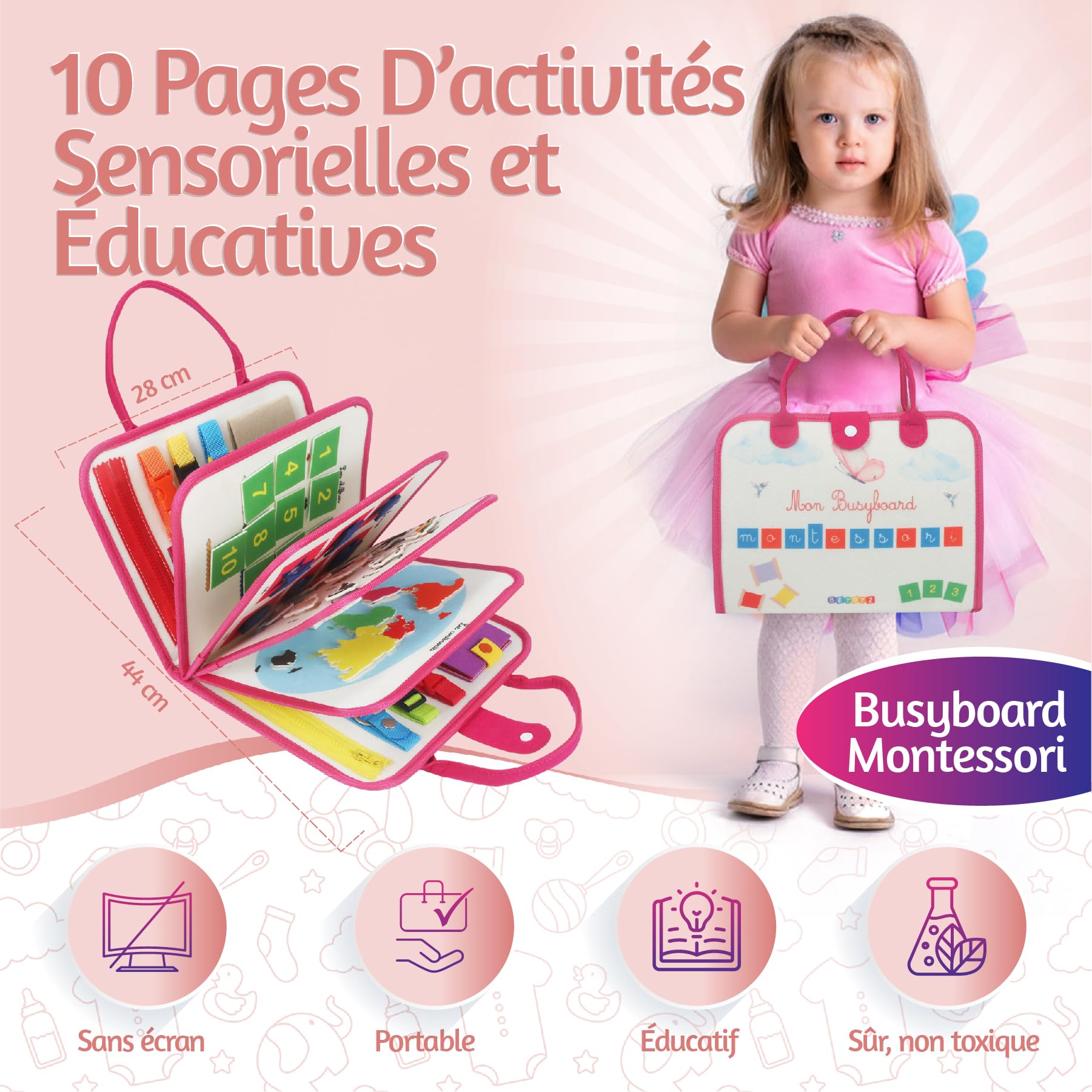 BusyBoard Montessori Français – Livre d’Activités Éducatif & Sensoriel – 2-6 Ans – 10 Pages Interactives – Montessori Authentique – Animaux, Formes, Lettres & Motricité (Rose)