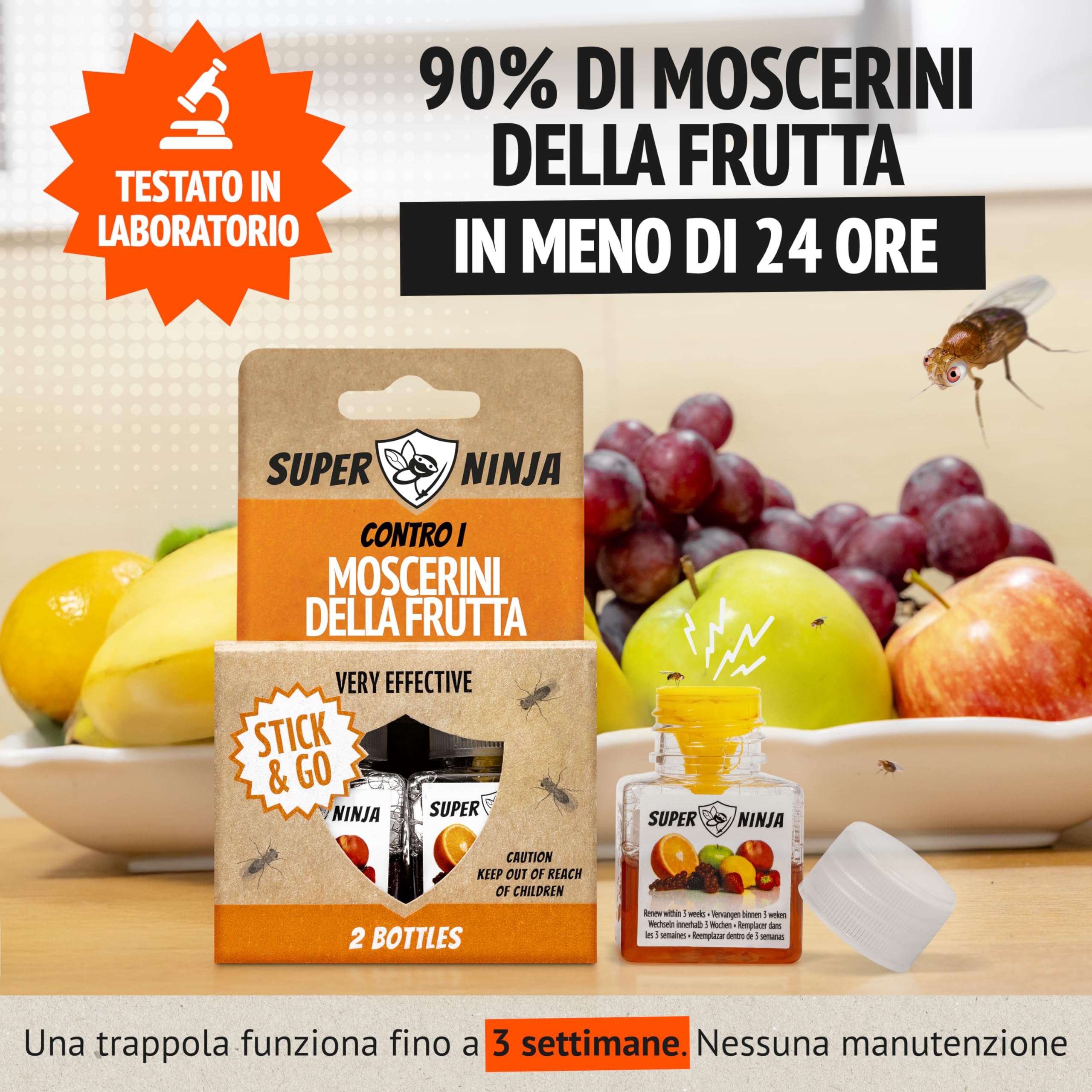 Super Ninja Trappola Moscerini Frutta per Interni - 2 Pezzi, trappola per moscerini della frutta efficace per casa e cucina, attiva fino a 3 settimane, adatta a bambini e animali domestici