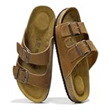 Genuine Leather Mens Sandals with Memory Foam Natural Cork Footbed Slides for Men Footwear - Non-Slip Double-Strap Buckle Summer Sandals (Arizona)