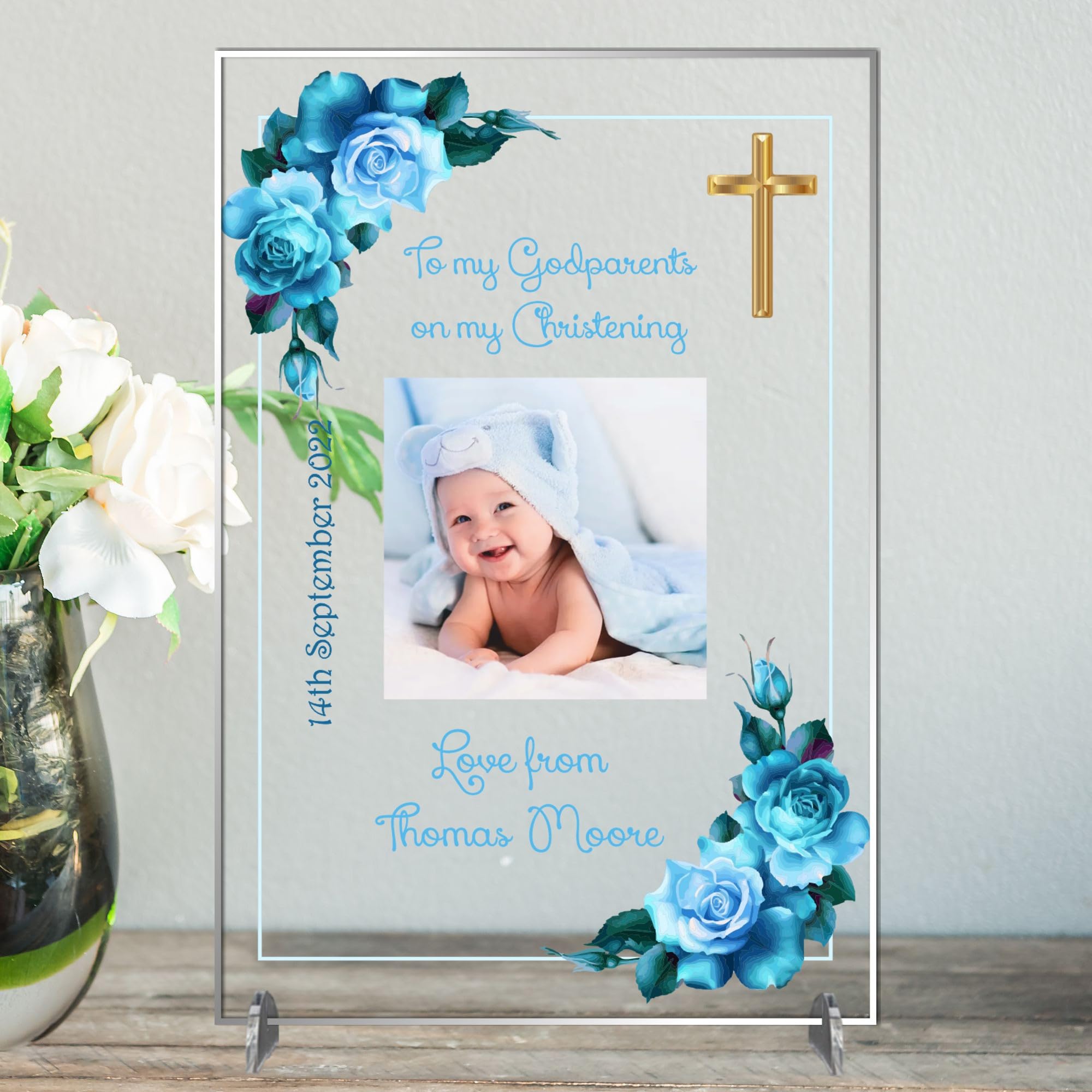 Personalised 'To My Godparents' Christening Photo Plaque | Keepsake Gift | A4 or A5 Size | Customisable with Special Message | Size (Acrylic 21cm x 15cm, Blue Floral)