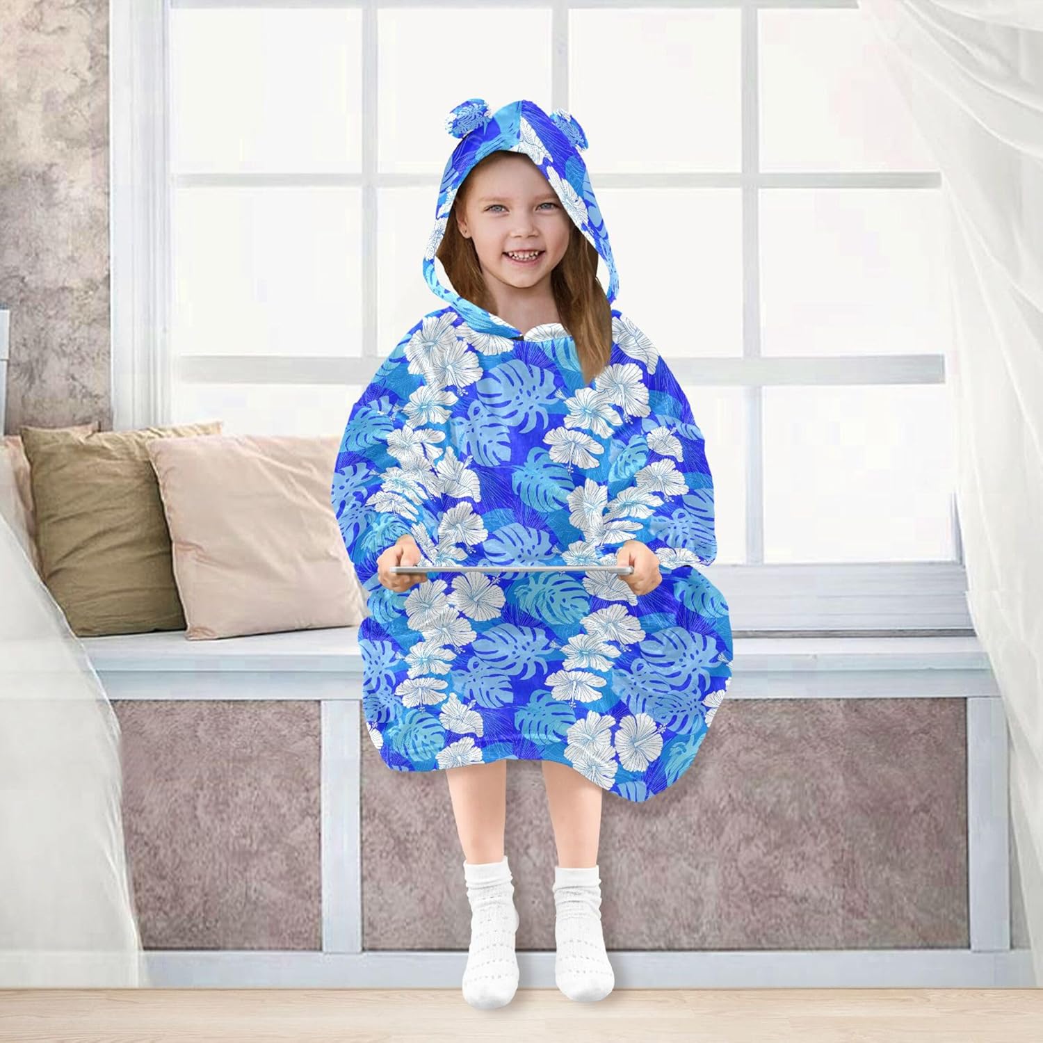 Blue Flowers Palm Leaves Kids Wearable Blanket Hoodie with Pocket and Sleeves for Toddlers, Cute Hoodies Girls Boys