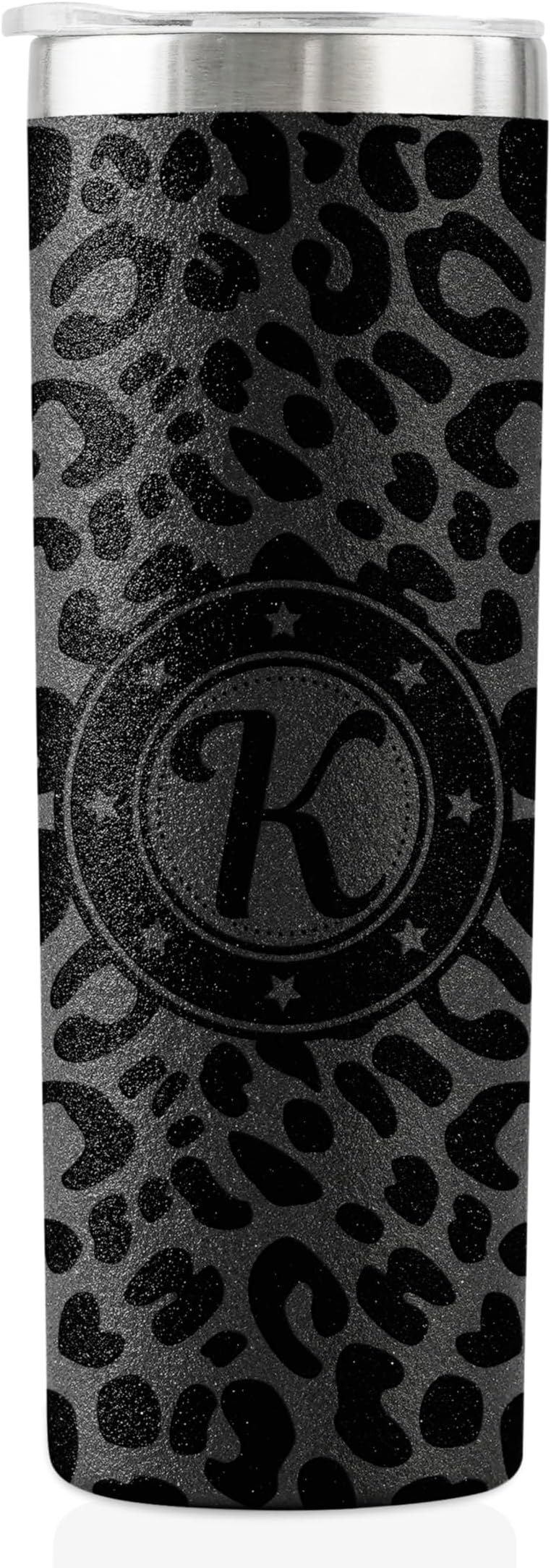 Personalized Leopard Cup with Initial - Unique Cool Gifts for Women Who Have Everything on Birthday, Christmas - 20 oz Double-Wall Vacuum Tumbler with Lid and Straw - Black Glitter - Letter K